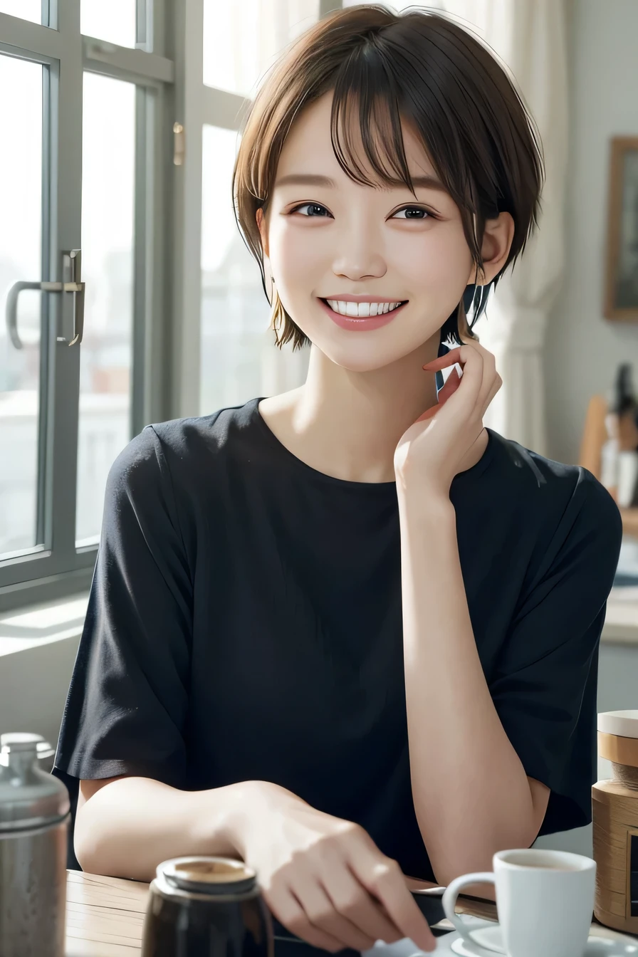 205 ((short hair)), １７Old woman, ＧJean、shirt、smile、Beautiful teeth alignment、Black Hair、ear piercing、Looking into the camera, The background is the town
