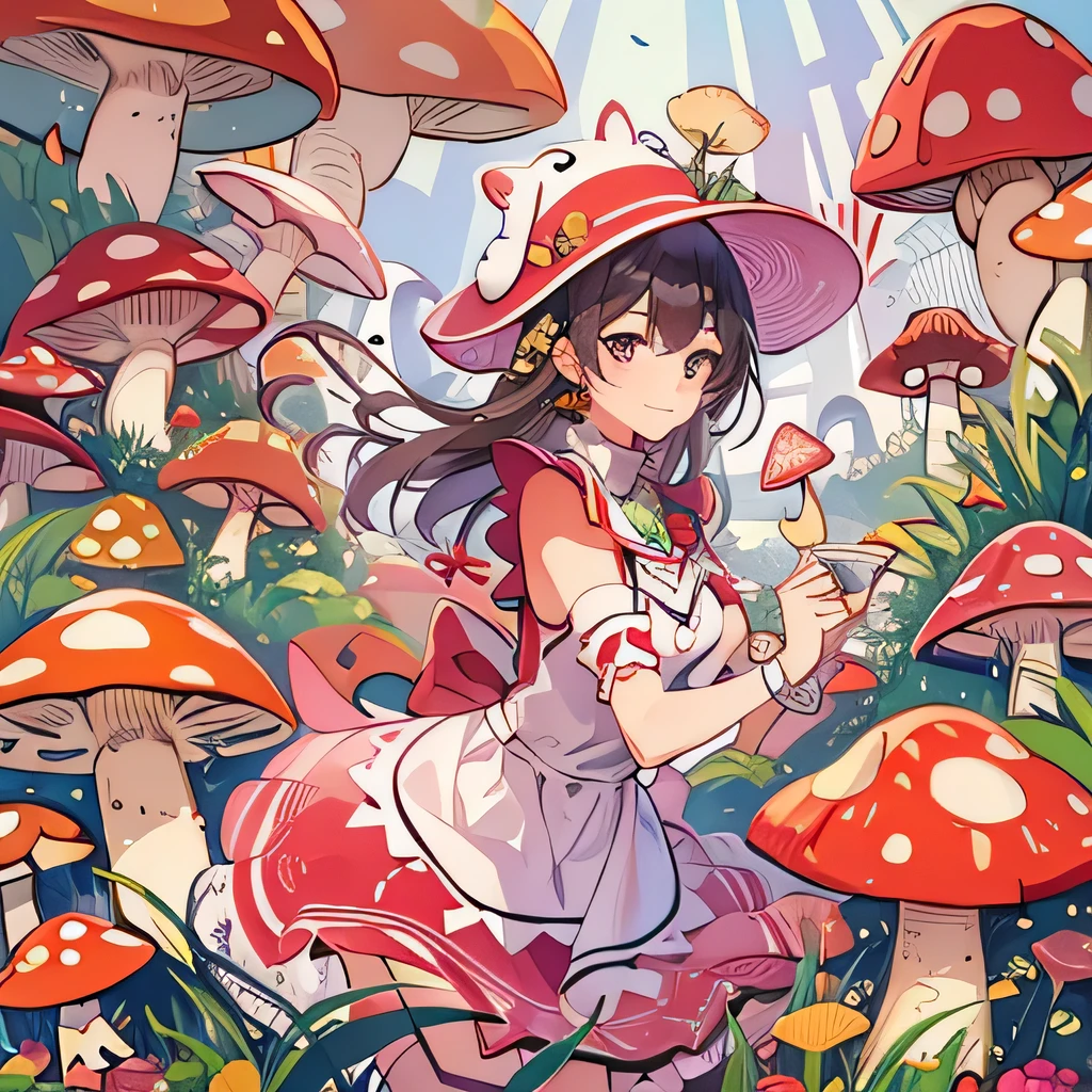 highest quality、 Super quality、 16k、 Very detailed、beautifully、aesthetic:1.2)、A pretty 21 year old girl dancing alone wearing a red and white spotted hat surrounded by colorful mushrooms、Shy smile、Wears a red and white spotted mushroom-shaped hat、Wearing a red and white spotted mushroom-shaped apron