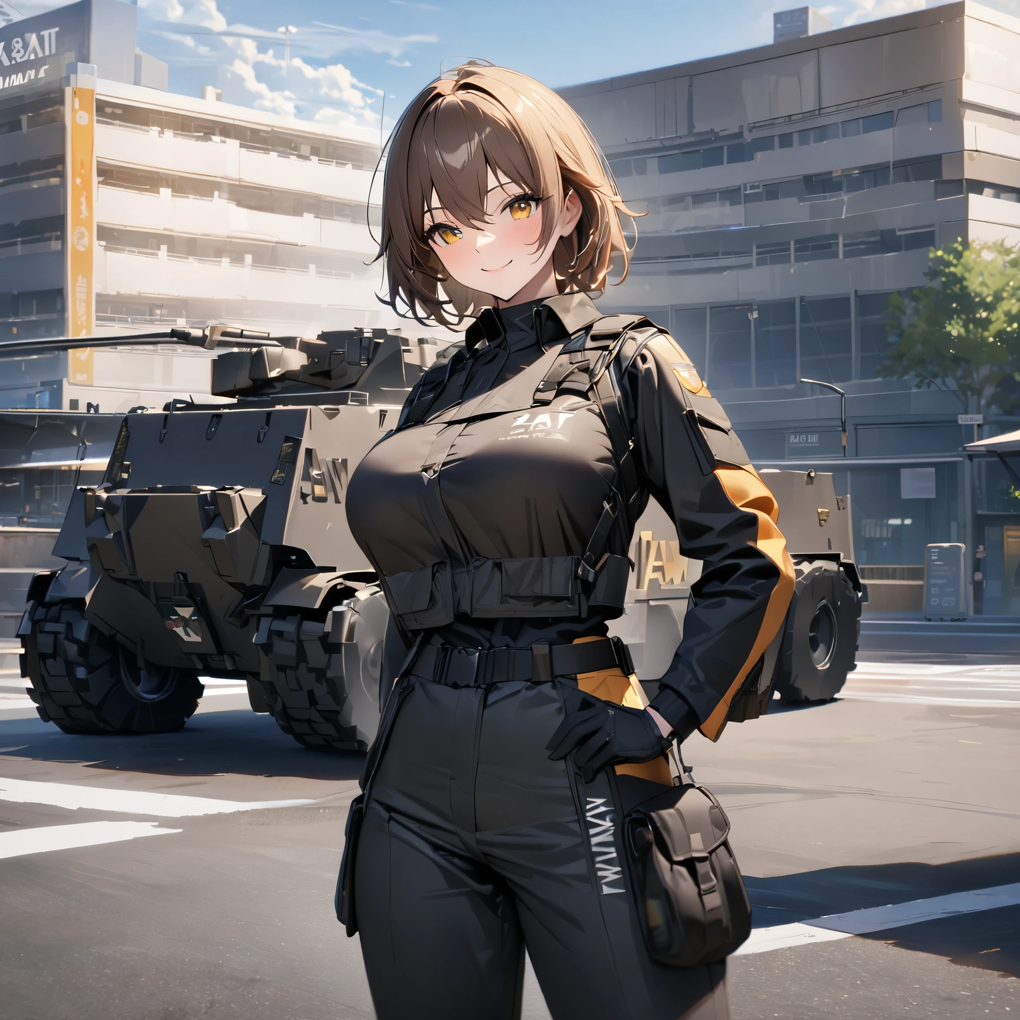 A woman wearing a black S.W.A.T uniform, black boots, with a black vest with S.W.A.T writing perfectly, short brown hair, yellow eyes, smiling, in a parking lot, standing near a S.W.A.T armored car, black gloves, big breasts, daytime location.shadow, flower, UHD, masterpiece, accurate, anatomically correct, textured skin, super detail, high quality, best quality, 8k, high resolution, bokeh effect.( solo woman)
