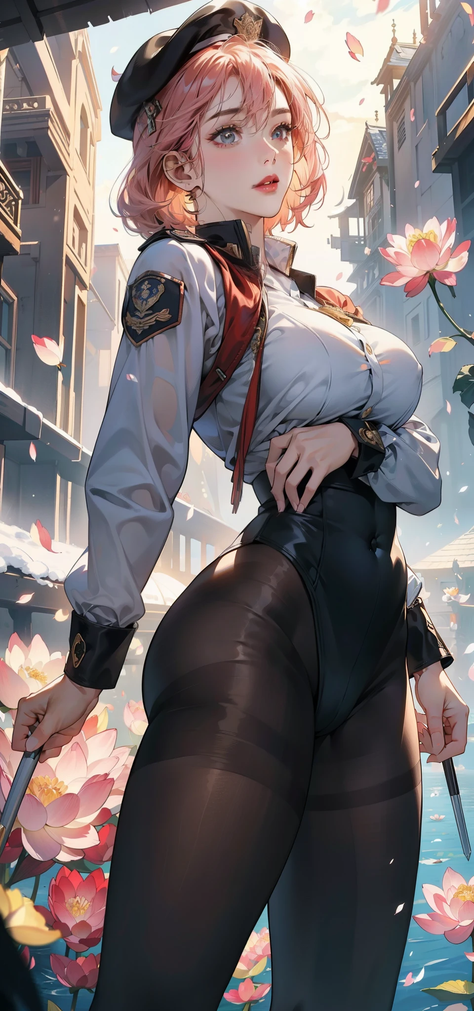 1female,45 yers old,Married Woman,,plumw,extremely large bosolo,(Background with:ponds,Cherry blossom forest,lotus flower)Lie underwater, She has short pink hair,seen from the front,, mostly cloudy sky,(((tmasterpiece),(Very detailed CG unity 8K wallpaper),best qualtiy,cinmatic lighting,detailed back ground,beatiful detailed eyes,Bright pupils,Black eyes,Snow-whiteskin,Redlip(Very fine and beautiful),(Beautiful and detailed eye description),ultra - detailed,tmasterpiece,))facing at camera,A high resolution,ultra - detailed),revealing breasts,Bitalia, Bulge,legs are open,Raised sexy,Camel toes,ire fisfaction,fe,us airforce,beret(Wearing:jean jacket,Black tights,)