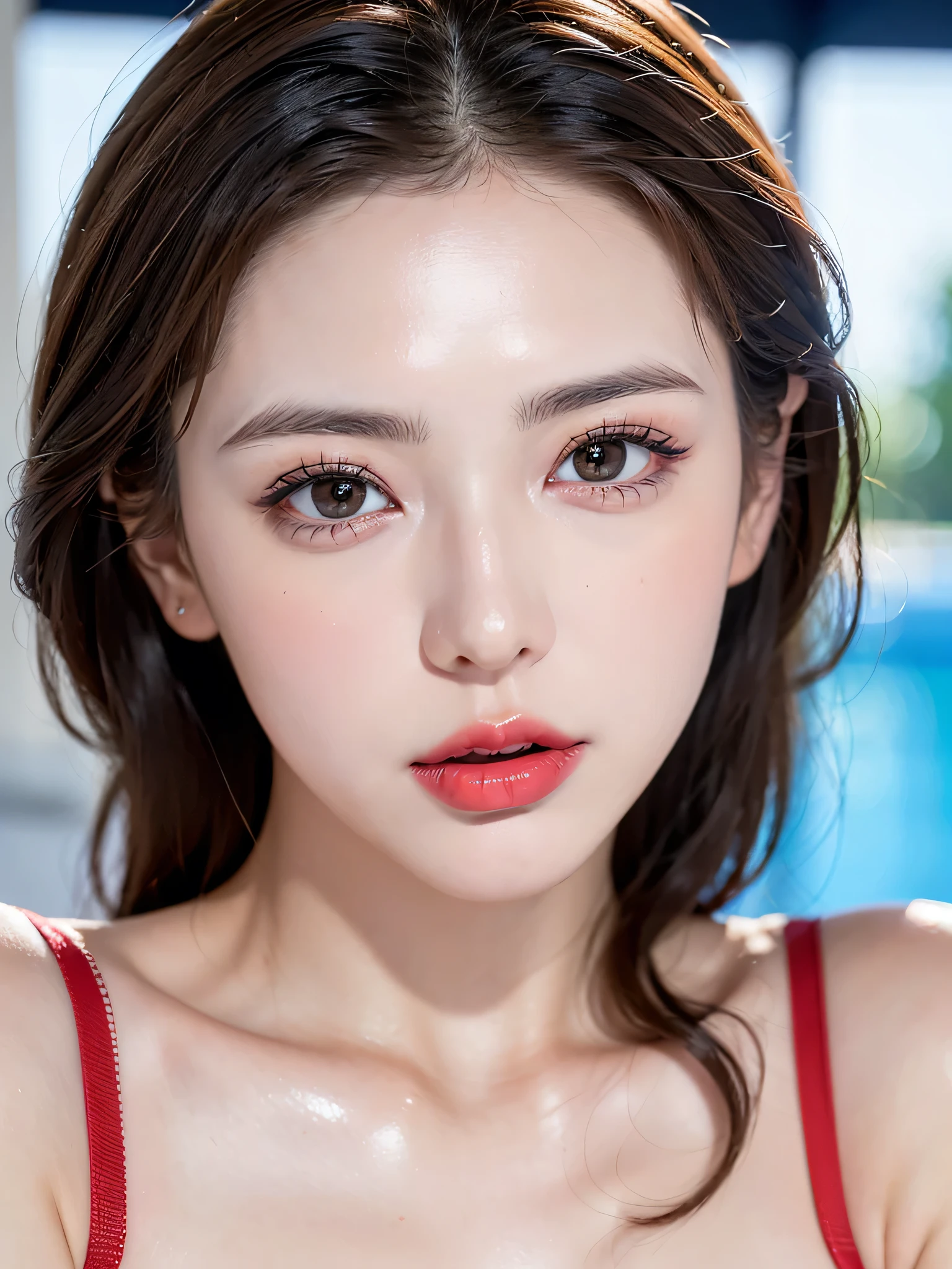 (((sfw:1.5)))、((Near the huge summer pool)), Real、8k、 ((Anatomically correct)),   18-year-old、1 female、round face、Baby Face、Cute Smile、 A close-up of her face:0.6, Top quality soft lighting, ((realistic perfectly round brown_eye:1.3、Big Eyes、Dripping eye)), (Light pale complexion), ((Detailed pupils:1.4)), (Perfect Makeup:1.3), (Symmetrical lips:1.3)),(Bright shiny red_lipstick:1.35), ((Blue eyelashes: 1.17)), (Very detailed, Beautiful little nose:1.2), (Perfect composition), ((Sunburned skin:1.28)), ((Oily skin)), ((The blackＹshirt, The blackチューブトップブラジャー) , The background is simple and blue, The gaze is directed downwards at a low angle、 (((Anatomically correct)))、（Perfect Body Proportions)、(Natural Hands、Natural Fingers、Natural Legs)