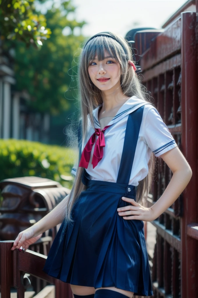 ultra-detailed,highly detailed,best quality,masterpiece,illustration,realistic,photorealistic,
clannad, hikarizaka private high , summer uniform, 
1girl, solo, cosplay, 
serafuku, short sleeves shirt, sailor collar, suspender skirt, thighhighs, neck ribbon, 
bangs, hair ornament, very long hair, grey hair, hairband,
looking at viewer, standing, cowboy shot, 
outdoors, photo background, plant, day, cherry blossoms, falling petals, wind,
((perfect eyes, detailed eyes,realistic eyes)), ((sharp face, detailed face, realistic face, natural skin, realistic skin, detailed skin, pores)), ((perfect body, detailed body, realistic body, big proportions)) 