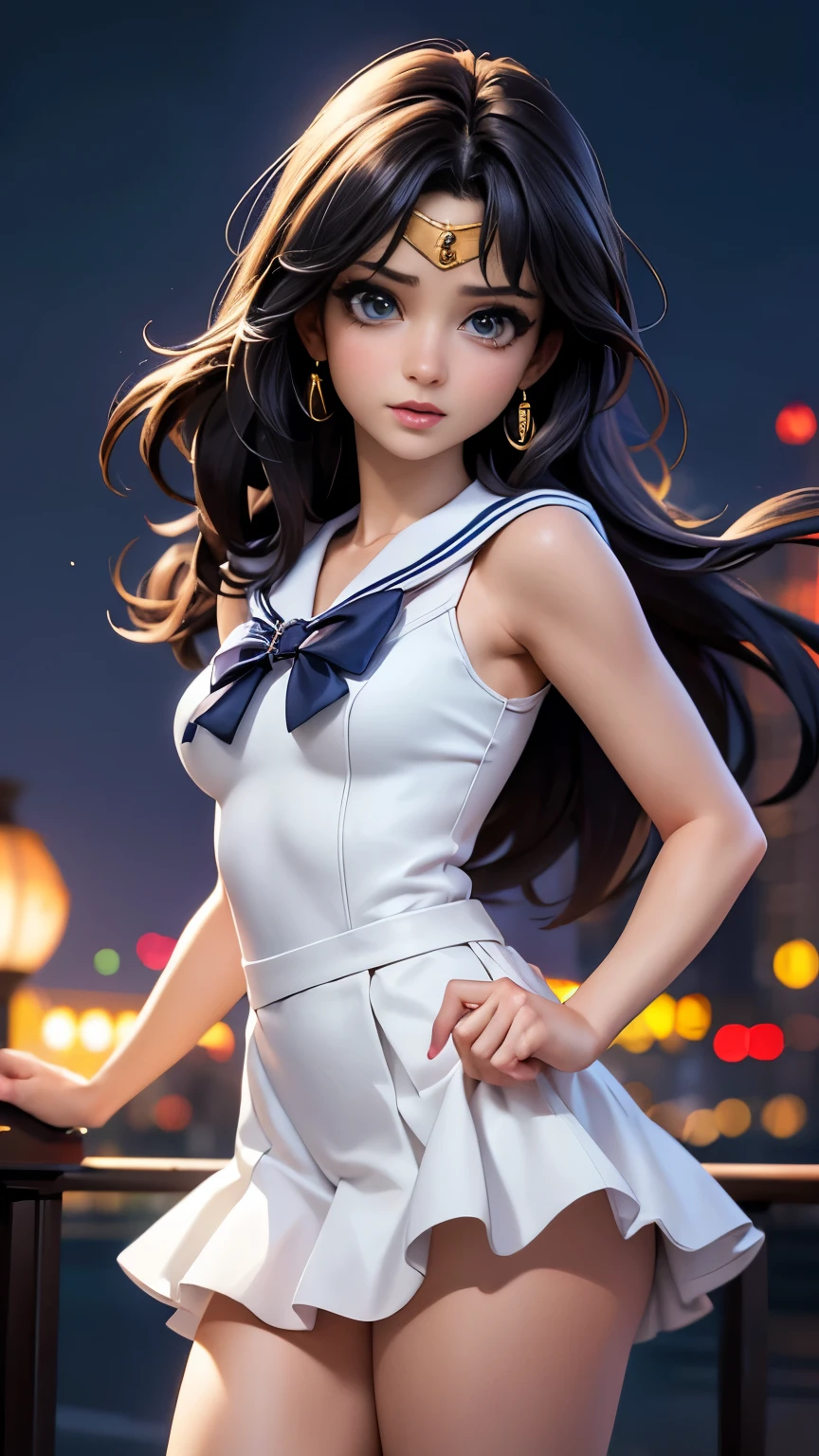 Beautiful girl in a Sailor Moon costume, Very detailed顔と目, Beautiful lip detail, Long and beautiful eyelashes, Sailor Moon Costume, Beautiful and intricate details, Fine creases and texture, Vibrant colors, Dynamic pose, Magical Aura, Moonlight Background, (highest quality,4K,8k,High resolution,masterpiece:1.2),Super detailed,(Realistic,photoRealistic,photo-Realistic:1.37),Digital Painting,Very detailed,Cinema Lighting,Vibrant colors,Dramatic Shadows,Fantasy art