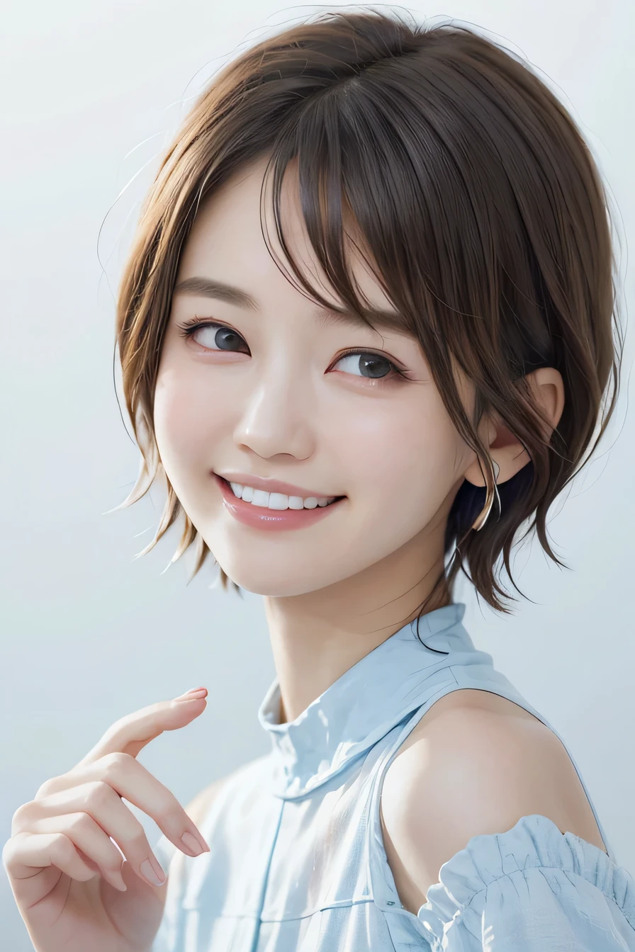 205 ((short hair)), 17Old woman, GJean、shirt、Shoulder Fashion、smile、Beautiful teeth alignment、Black Hair、ear piercing、Looking into the camera, The background is the town