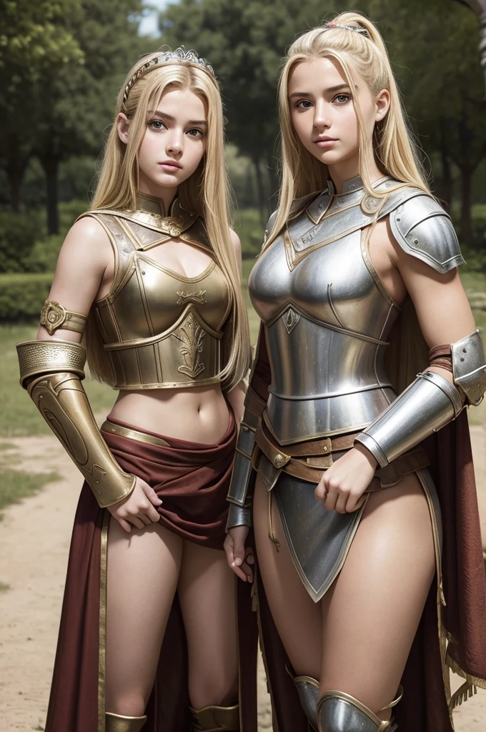 two italian sisters portrait break: woman, 18 years old, roman warriors princess, temari references, blonde, detailed face, curvy, fighter position, background in roman empire break: teen girl, roman warrior, princess blade , 14 years old, teenager girl, very small breasts, elina vance references, mini cropped, warrior princess ,blonde, detailed face, beautiful, confiant, background in roman empire
