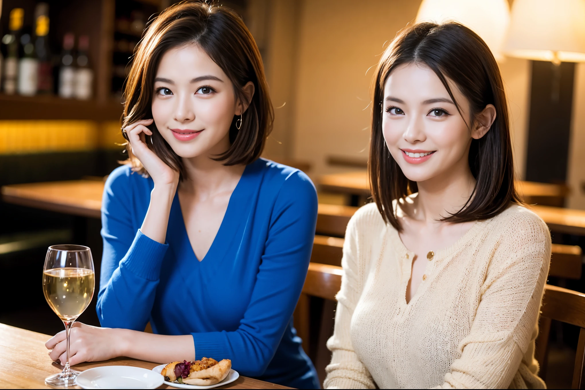 ((highest quality、8k、masterpiece:1.3))、1 male、1 female、Couple、Spouse、石原さとみ似美女Couple、The body is slim、((Bob Hale、Straight hair:1.2)), (Realistic, Intricate details:1.2), テーブルの上のwine glass、Put the light on your face、 Amazing view of the sunset sky and clouds、Amazing mountain views、A bright smile、The wonderfulness of smile、Bright image、The beauty of wine, Beautiful Face, blue eyes, The light shines on your face, Blushing, short hair,Bright Face、 (45 years old), 39 years old, red wine 、Appetizers、Italian food、Wine bottle、Champagne、sparkling wine、Two beauties、Brown Hair、Shortcuts、Long sleeve shirt、dress、Pretty Woman 1, (slimな顔), (The body is slim), (Brown Hair), (Shortcuts), cheeks turn a little red,Attractive beauty、restaurant, In a prominent place (From the waist up) Nova Frog Style, actress, model, Upper Body, White wine, slim, wine glass, 中央に置かれたwine glass, smile, (smile: 1.15), Beautiful fine grain, Depth f/2,saturation, High Contrast, Strong light and shadow,Moist Body:1.5、3D texture、Delicate eyes、Brown Hair、The hair is very shiny、