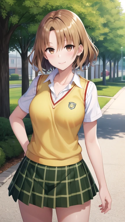 masterpiece, best quality, highres, 1girl, solo, short hair, brown hair, brown eyes, breasts, collarbone, , collared shirt, white shirt, sweater vest, (yellow vest:1.1), short sleeves, plaid skirt, green skirt, cowboy shot, standing, outdoors, smile
