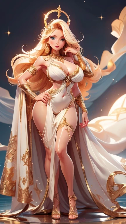 (((Standing sensual pose))) ((Sexy tall Greek goddess beauty and)) ((Pretty Face)) ((a happy expression)) ((red glossy lipstick)) ((Very dark eyeshadow)) ((delicate eyes))((Bright sky blue eyes)) ((Very long messy light blonde hair)) ((Sensual lips)) ((Very large breasts:1.6))(((Large Breasts、Breast sagging、Low-cut，Cleavage ，Wide hips,)))((Long legs)),Hourglass figure)) ((Perfect slender torso1.3)) (((Completely naked, 完Completely naked体, naked body, Exposing and nipples))) ((There is a golden halo above the head)) ((Jewelry, Necklace, gold earrings, White socks, White transparent cloak, High heel)) ((Greek goddess posing sexy in mythical place above the clouds))((high resolution:1.3)), (Dynamic Shadows)((Reality:1.5)) ((masterpiece:1.3)) (8K) (Perfect face) ((best quality:1.4)) (Perfect hands and eyes)((()))