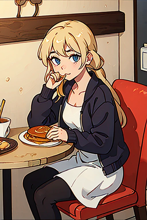 Eat pancakes while sitting in a chair at a stylish cafe