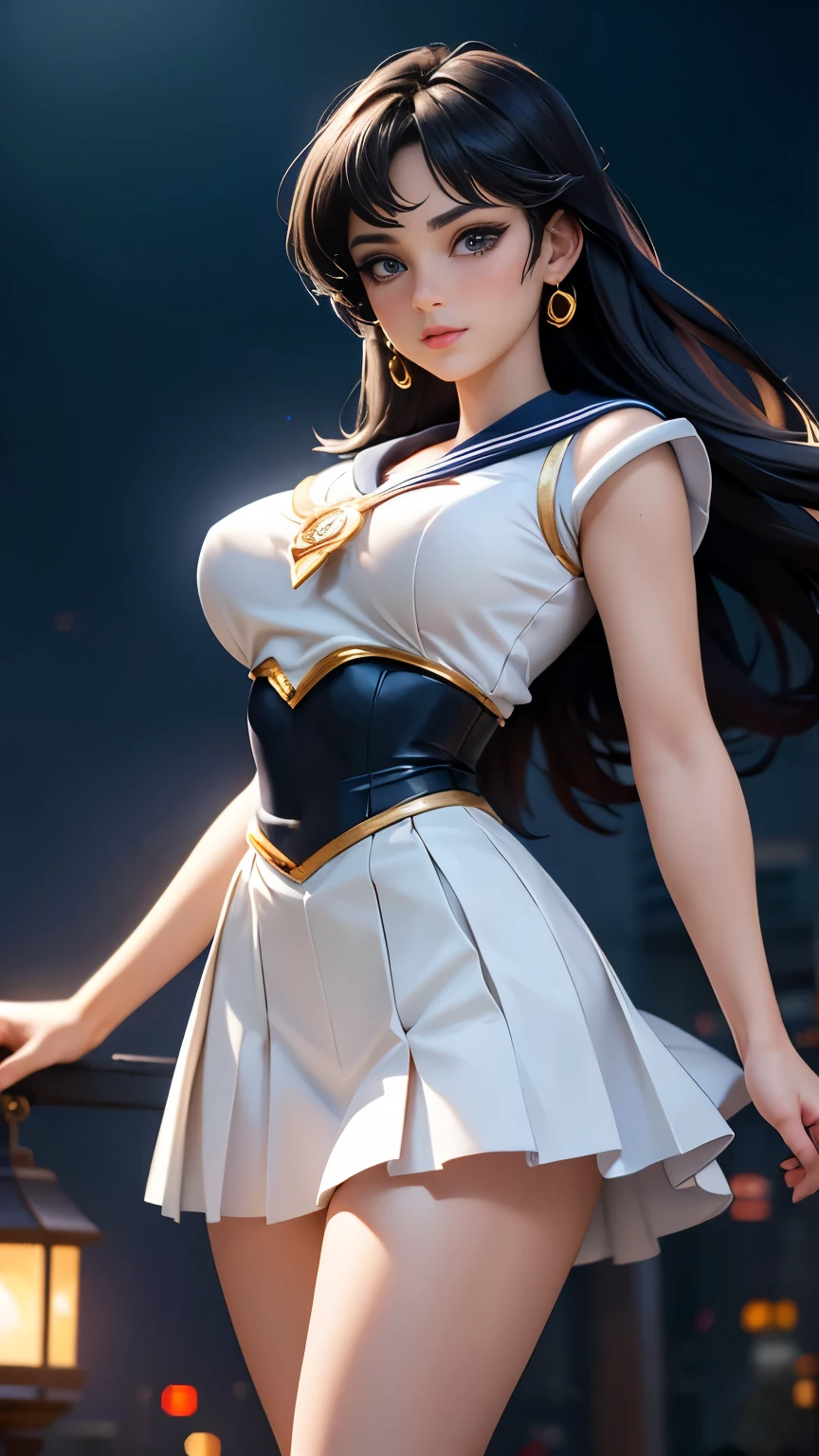 Beautiful girl in a Sailor Moon costume, Very detailed顔と目, Beautiful lip detail, Long and beautiful eyelashes, Sailor Moon Costume, Beautiful and intricate details, Fine creases and texture, Vibrant colors, Dynamic pose, Magical Aura, Moonlight Background, (highest quality,4K,8k,High resolution,masterpiece:1.2),Super detailed,(Realistic,photoRealistic,photo-Realistic:1.37),Digital Painting,Very detailed,Cinema Lighting,Vibrant colors,Dramatic Shadows,Fantasy art