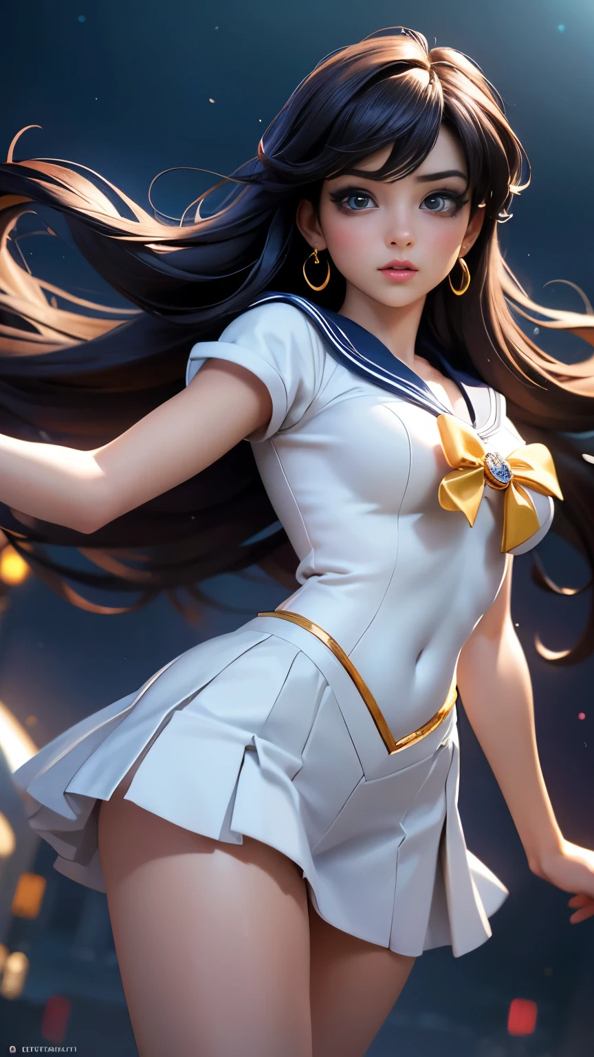 Beautiful girl in a Sailor Moon costume, Very detailed顔と目, Beautiful lip detail, Long and beautiful eyelashes, Sailor Moon Costume, Beautiful and intricate details, Fine creases and texture, Vibrant colors, Dynamic pose, Magical Aura, Moonlight Background, (highest quality,4K,8k,High resolution,masterpiece:1.2),Super detailed,(Realistic,photoRealistic,photo-Realistic:1.37),Digital Painting,Very detailed,Cinema Lighting,Vibrant colors,Dramatic Shadows,Fantasy art