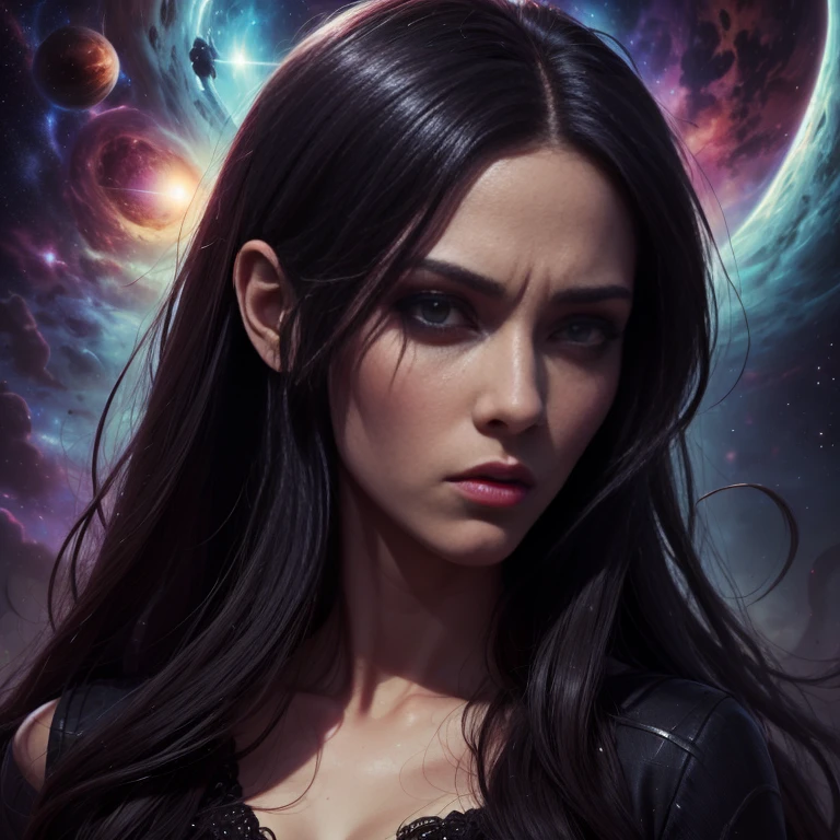 a close up of female H.P. Lovecraft, Cosmic madness sky, black flowing hair, eldritchtech, cosmic, dark energy, crazy face,