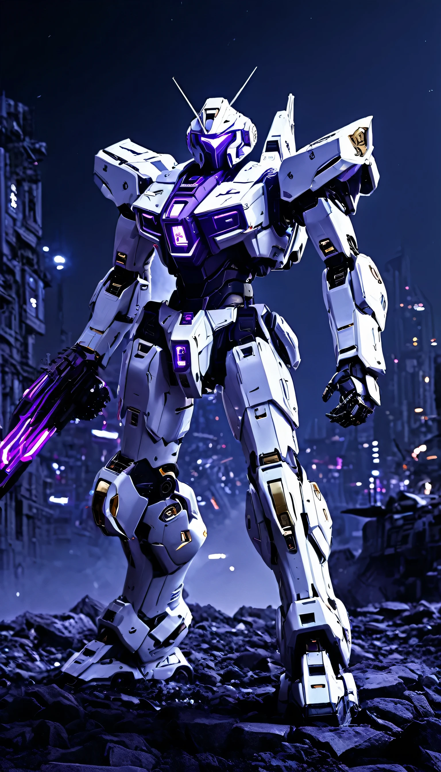 Gundam Mecha, white purple Rune Surrounds, purple Rune Floats, purple and White Intersect, Dark_Fantasy, Cyberpunk, (Best Quality, Masterpiece), On the Moon, 1 Man, Mechanical Marvel, Robot Presence, Cybernetics Guardian, City, Highest Quality, Stunning Art, Wallpaper 4k, Highly Detailed, Military Robot, Army, Warzone, , Highest Quality photography, Wallpaper, 8K, K, HD, Unbeatable Masterpiece, Dynamic Lighting, Movie, Epic, Damaged mechanical parts, golden eyes, hand-held