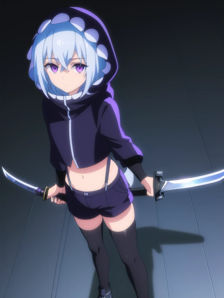 (((Best quality))),((Ultra-detailed)),((illustration)),((Disheveled hair)),((frilld)),(1 girl),
 1girl , black gloves , black legwear , blue hair , closed mouth , dagger , dual wielding , expressionless , full body , gloves , hair between eyes , holding , holding dagger , holding knife , holding sword , holding weapon , hood , knife , looking at viewer , midriff navel , purple eyes , reverse grip , shoes , short hair , shorts , solo , standing , suspenders , thighhighs , weapon ,