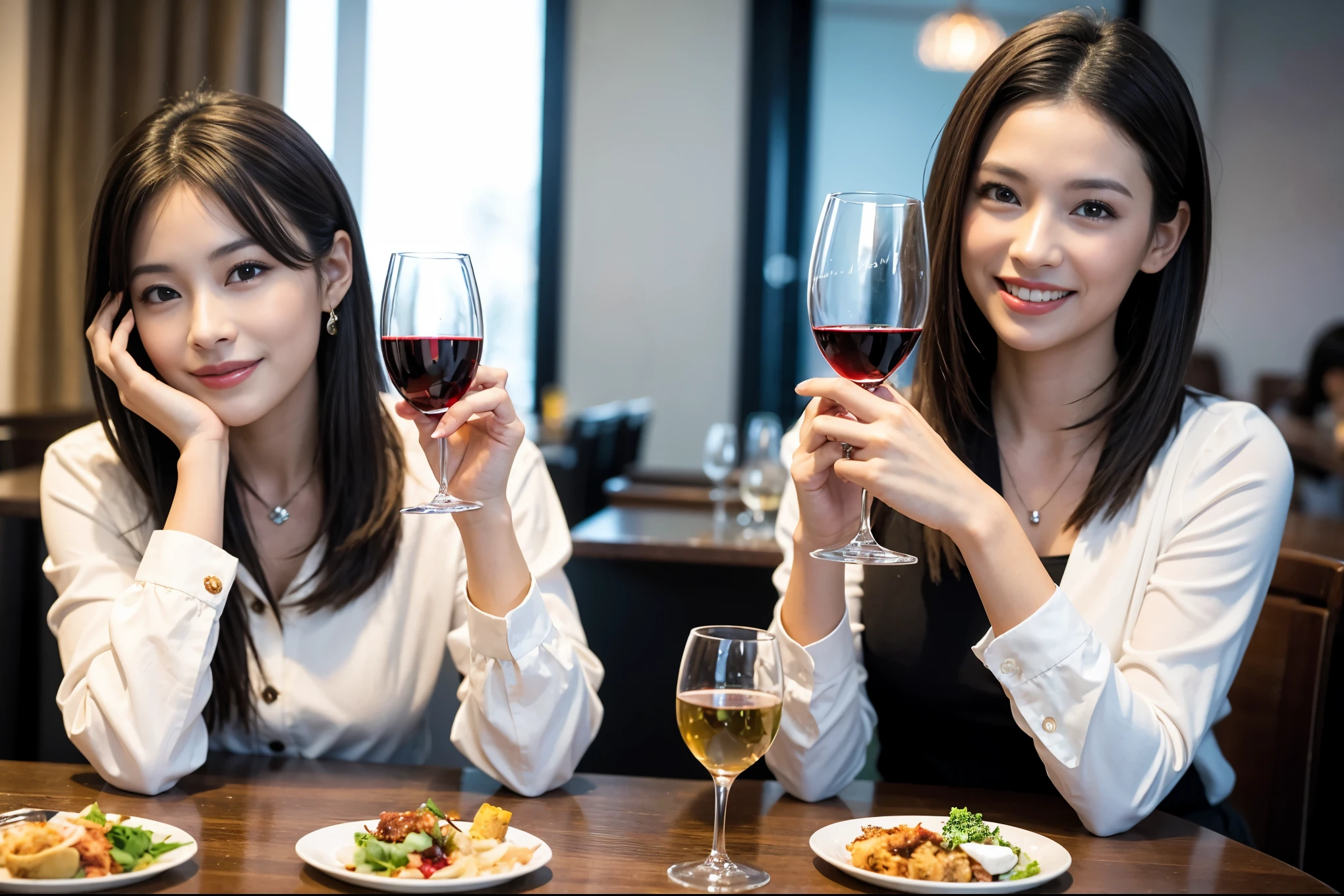 ((highest quality、8k、masterpiece:1.3))、1 male、1 female、Couple、Spouse、石原さとみ似美女Couple、The body is slim、((Bob Hale、Straight hair:1.2)), (Realistic, Intricate details:1.2), テーブルの上のwine glass、Put the light on your face、 Amazing view of the sunset sky and clouds、Amazing mountain views、A bright smile、The wonderfulness of smile、Bright image、The beauty of wine, Beautiful Face, blue eyes, The light shines on your face, Blushing, short hair,Bright Face、 (45 years old), 39 years old, red wine 、Appetizers、Italian food、Wine bottle、Champagne、sparkling wine、Two beauties、Brown Hair、Shortcuts、Long sleeve shirt、dress、Pretty Woman 1, (slimな顔), (The body is slim), (Brown Hair), (Shortcuts), cheeks turn a little red,Attractive beauty、restaurant, In a prominent place (From the waist up) Nova Frog Style, actress, model, Upper Body, White wine, slim, wine glass, 中央に置かれたwine glass, smile, (smile: 1.15), Beautiful fine grain, Depth f/2,saturation, High Contrast, Strong light and shadow,Moist Body:1.5、3D texture、Delicate eyes、Brown Hair、The hair is very shiny、