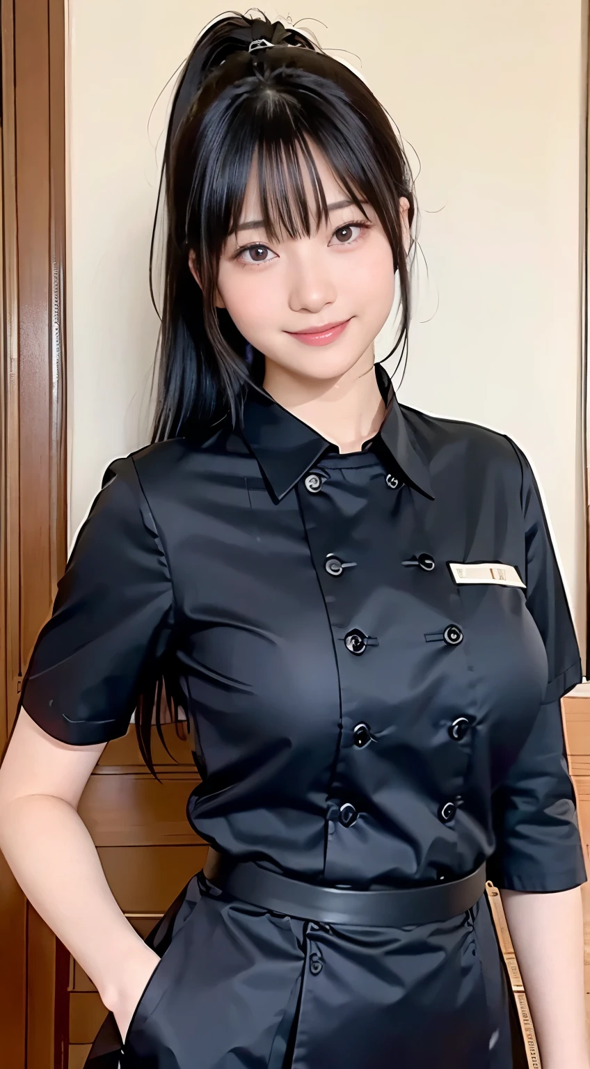 (highest quality,masterpiece:1.3,Ultra-high resolution,),(Very detailed,Caustics),(Realistic:1.4,RAW shooting,)Ultra-Realistic Capture,Very detailed,High resolution 16K human skin closeup。 Natural skin texture、,pores、、、、It must be detailed enough to be easily identifiable。 Skin tone is even and healthy looking。 Use natural light and color,restaurant,Waitress Uniform,1 girl,Japanese,18-year-old,cute,Black-haired,ponytail,Big Breasts,smile,Turn your body forward,(Front view:1.1),Looking into the camera,Cowboy Shot,