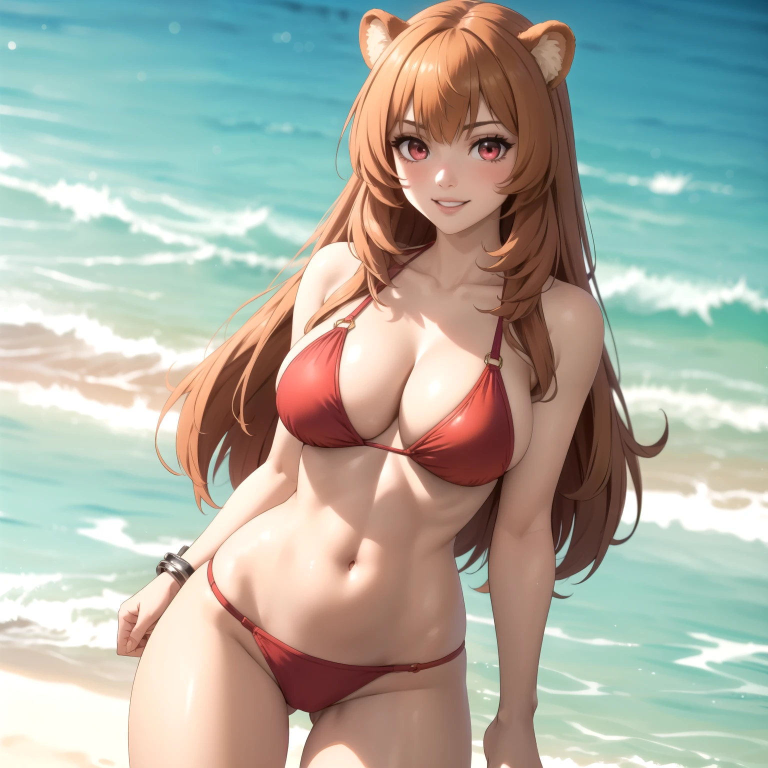 Raphtalia woman 35 years old orange hair , orejas de oso, ruby red eyes., pale skin,  big breasts pink bikini jaguar design, esta de pie, frente al espectador, cuerpo completo, accesorios, playa de arena blanca. sunny day. cabello flotante, luz perfecta, colores vibrantes. cabello rubio dorado. sonrisa  feliz. pechos muy grandes.