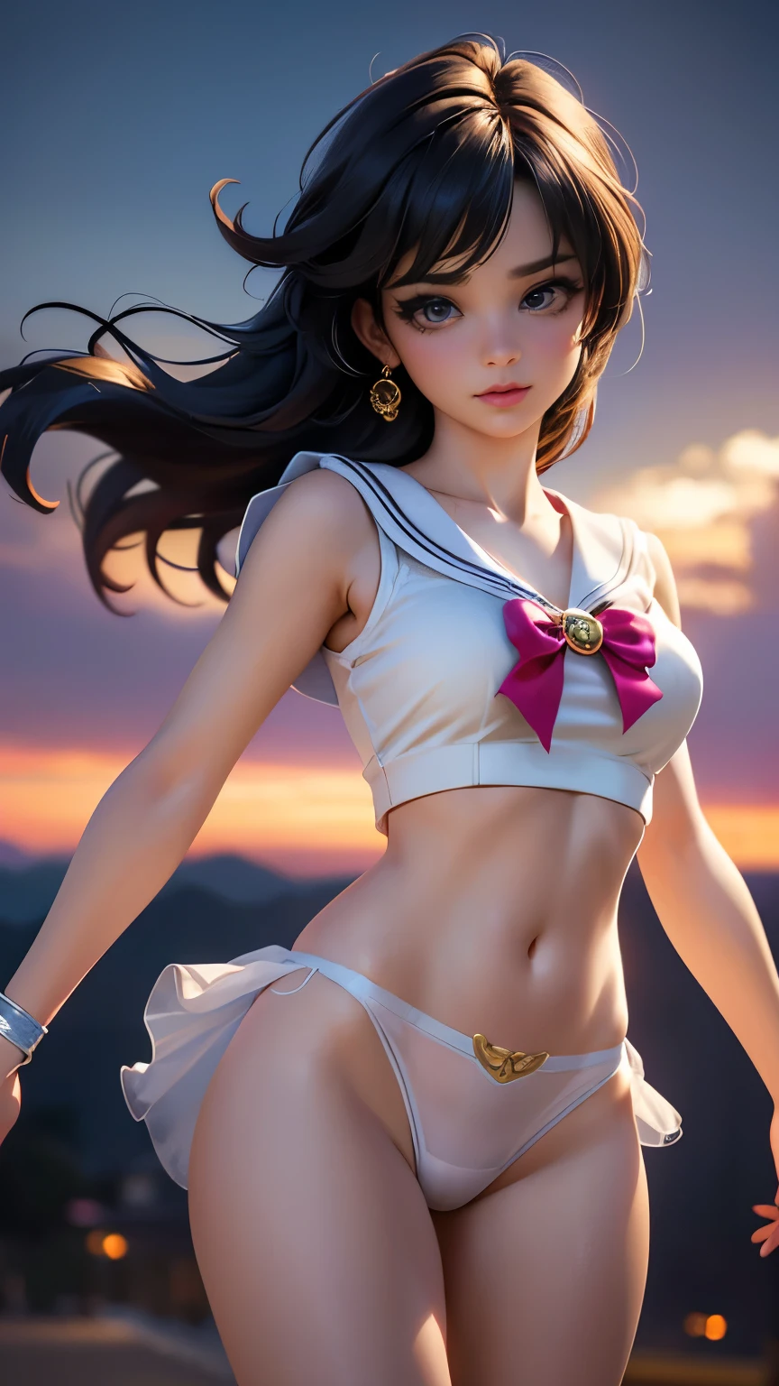 Beautiful girl in a Sailor Moon costume, Very detailed顔と目, Beautiful lip detail, Long and beautiful eyelashes, Sailor Moon Costume, (I can see her panties:1.5), Beautiful and intricate details, Fine creases and texture, Vibrant colors, Dynamic pose, Magical Aura, Moonlight Background, (highest quality,4K,8k,High resolution,masterpiece:1.2),Super detailed,(Realistic,photoRealistic,photo-Realistic:1.37),Digital Painting,Very detailed,Cinema Lighting,Vibrant colors,Dramatic Shadows,Fantasy art