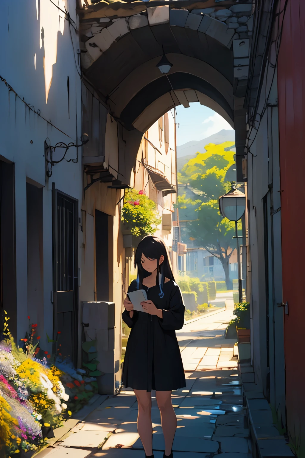 leyendo, paisaje de flores, cabello color negro y largo, chica