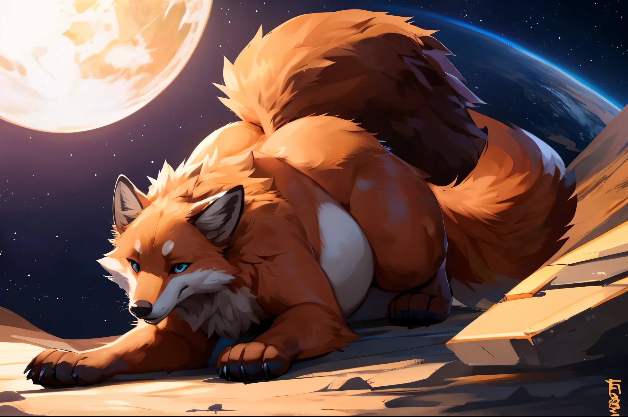 4k ultra quality, 4k full body view,(ultra high detailed body),((feral)) fox,by mystikfox61, by glitter trap boy,feral paws, by bebebebebe,by morethreedee, by seibear,(thick thigh),(chubby thigh),thicc thigh,thick legs,chubby legs,thicc legs,massive butt,enomorous thigh,massive thigh,massive legs,thick lower legs,wide legs,(detailed thigh),(wide thigh),fluffy belly sharp nails,((sfw)),(ultra detailed face),detailed eyes,big tail,fluffy tail,(detailed tail),enomorous tail,bigger tail,huge tail,volumetric light,big paws,(thick paws),fluffy paws,furry paws,enomorous paws,(feral focus), beast,(bigger lower body),(long legs),master works, super fine, 4k resolution, high quality,high picture detail,dark fantasy,illusory engine, Masterpiece,front view,dire fox,faint lighting,macro (feral) body,enomorous belly,chubby (feral) body,on a planet,in space
