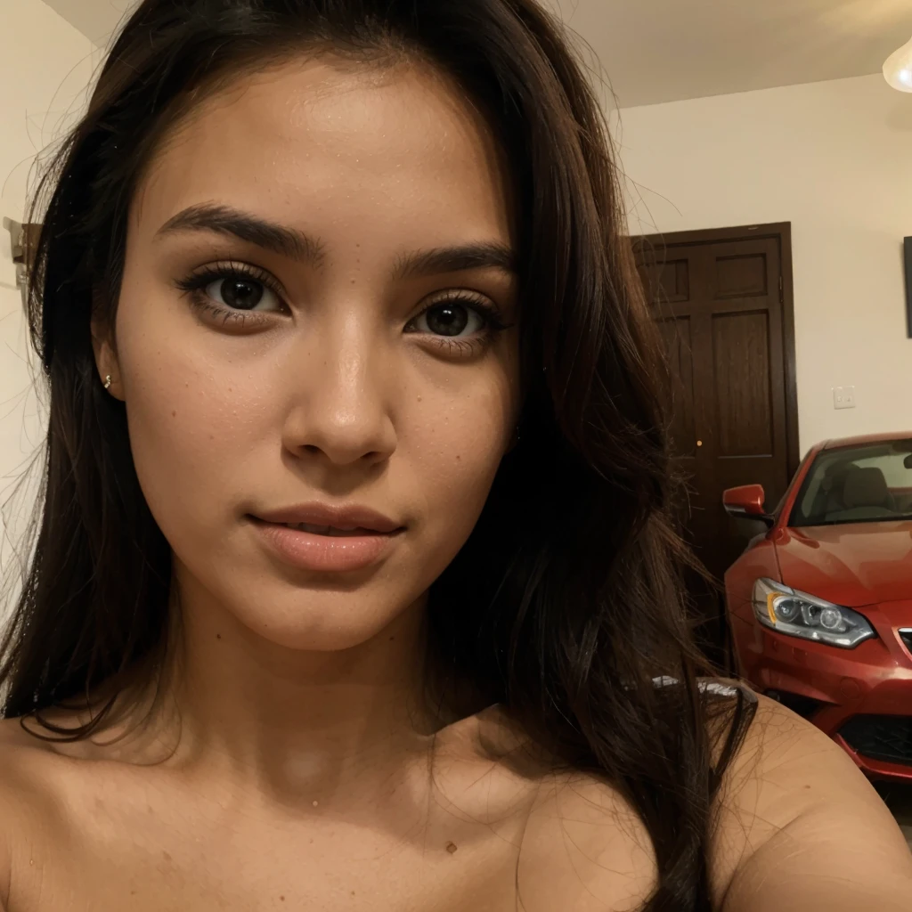 1 super modelo, morena, rosto perfeito, talking selfie in a house, cars, 1 woman