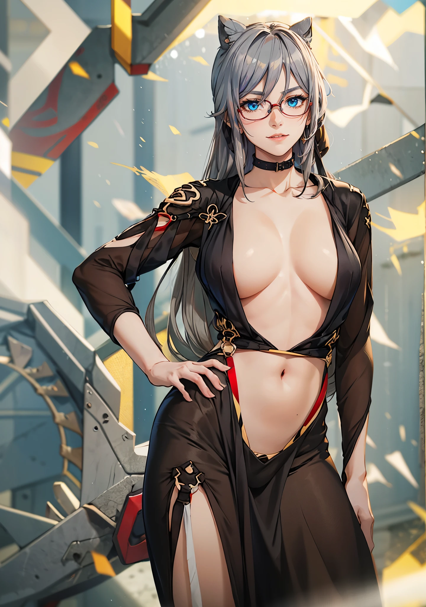 Fu Hua(Rustic Noir), (grey hair, long hair:1.7), 1girl, glasses, breasts, solo, black-framed_eyewear, looking_at_viewer, navel, choker, hand_on_hip, no_bra, grey_background, dress, large_breasts, semi-rimless_eyewear, center_opening, black_dress, collarbone, breasts_apart, simple_background, under-rim_eyewear, parted_lips, mole, rectangular_eyewear, standing, long_sleeves, black_choker, pubic hair,