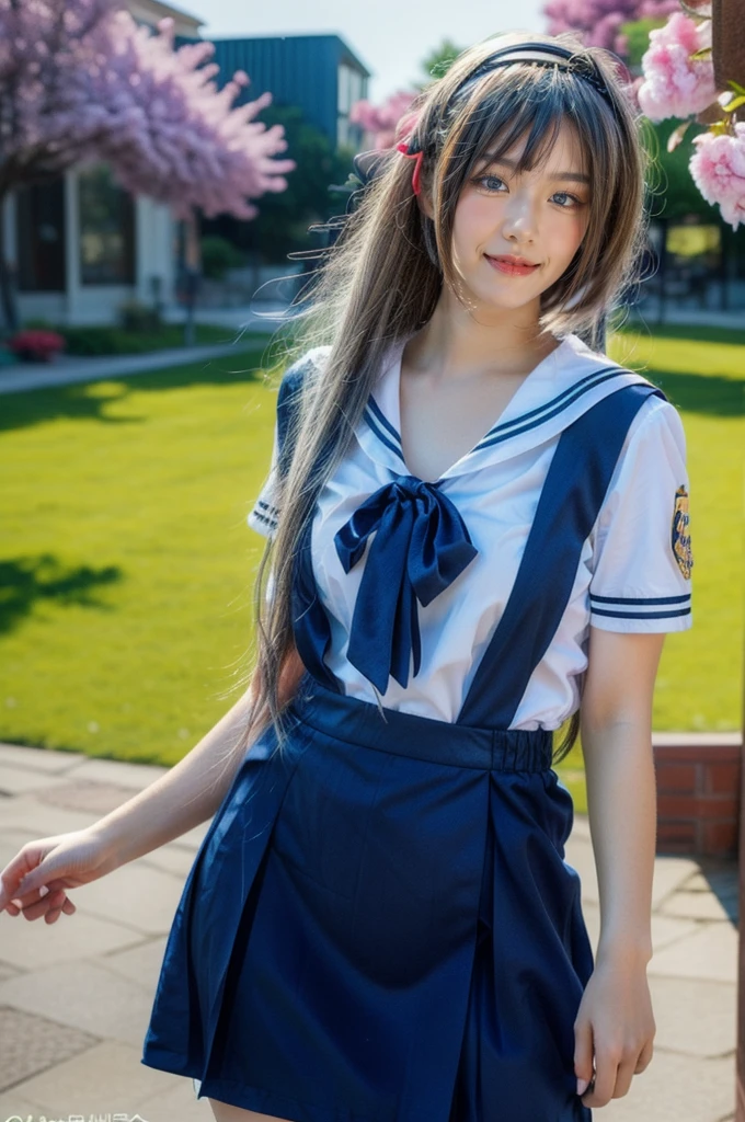 ultra-detailed,highly detailed,best quality,masterpiece,illustration,realistic,photorealistic,
clannad, hikarizaka private high , summer uniform, 
1girl, solo, cosplay, 
serafuku, short sleeves shirt, sailor collar, suspender skirt, thighhighs, neck ribbon, 
bangs, hair ornament, very long hair, grey hair, hairband,
looking at viewer, standing, cowboy shot, 
outdoors, photo background, plant, day, cherry blossoms, falling petals, wind,
((perfect eyes, detailed eyes,realistic eyes)), ((sharp face, detailed face, realistic face, natural skin, realistic skin, detailed skin, pores)), ((perfect body, detailed body, realistic body, big proportions)) 