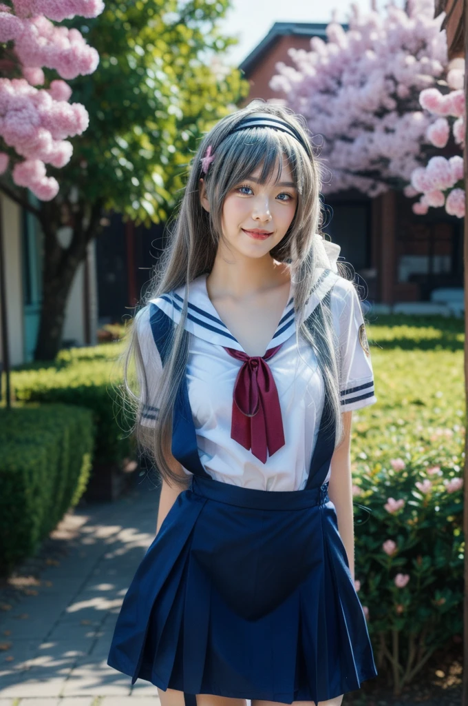 ultra-detailed,highly detailed,best quality,masterpiece,illustration,realistic,photorealistic,
clannad, hikarizaka private high , summer uniform, 
1girl, solo, cosplay, 
serafuku, short sleeves shirt, sailor collar, suspender skirt, thighhighs, neck ribbon, 
bangs, hair ornament, very long hair, grey hair, hairband,
looking at viewer, standing, cowboy shot, 
outdoors, photo background, plant, day, cherry blossoms, falling petals, wind,
((perfect eyes, detailed eyes,realistic eyes)), ((sharp face, detailed face, realistic face, natural skin, realistic skin, detailed skin, pores)), ((perfect body, detailed body, realistic body, big proportions)) 