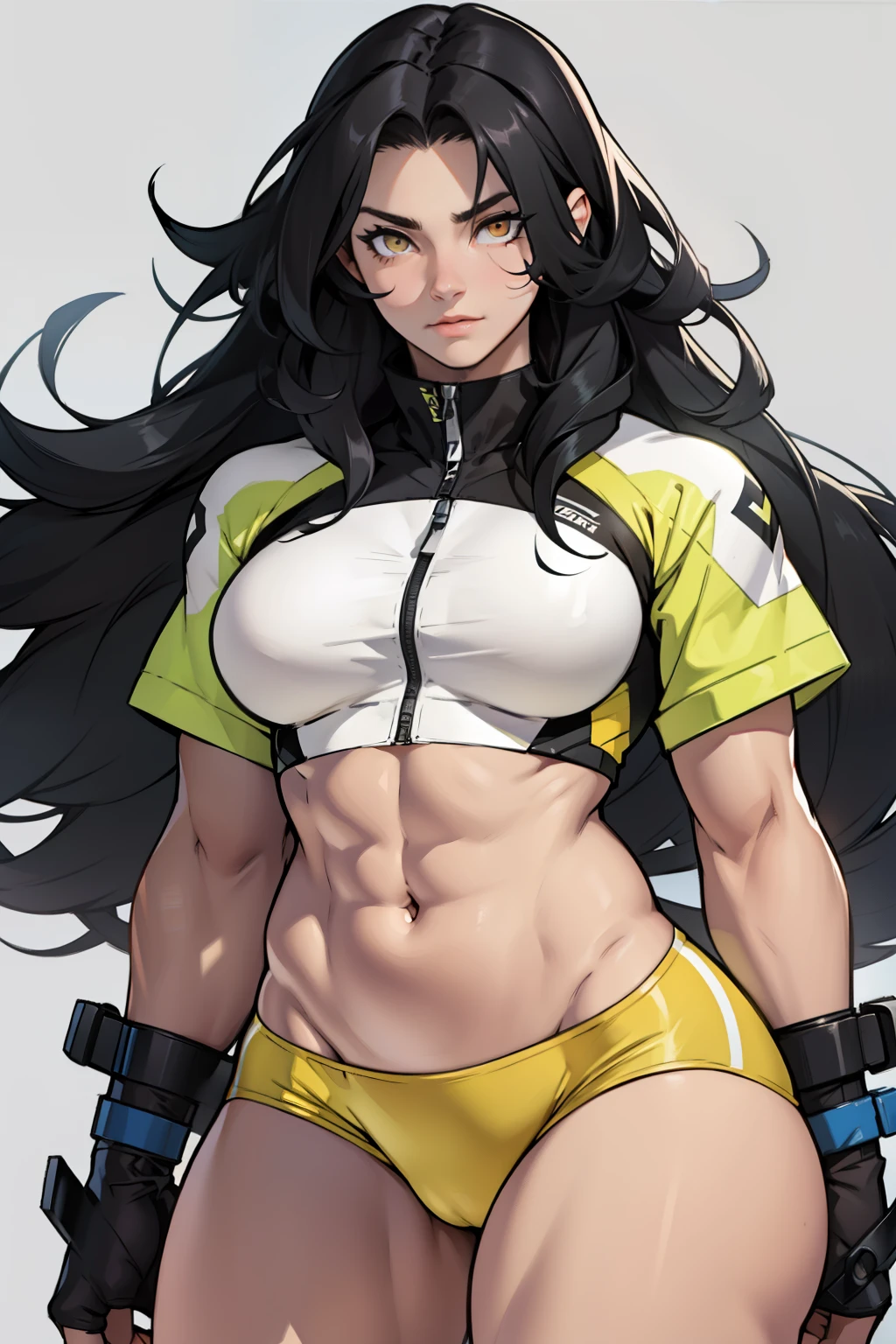 voluminous hair thick black hair pale skin yellow eyes muscular girl