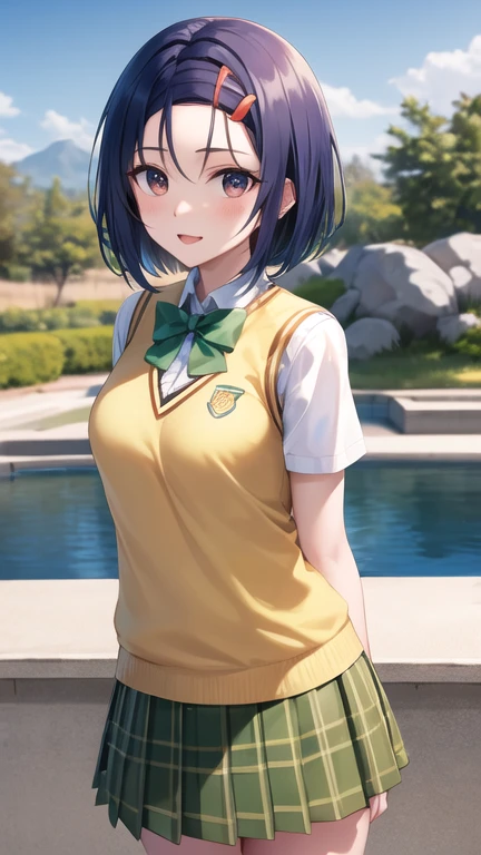 masterpiece, best quality, highres, Sairenji Haruna, short hair, hairclip, forehead, , green bowtie, white shirt, sweater vest, yellow vest, short sleeves, plaid skirt, green skirt, pleated skirt, standing, cowboy shot, outdoors,