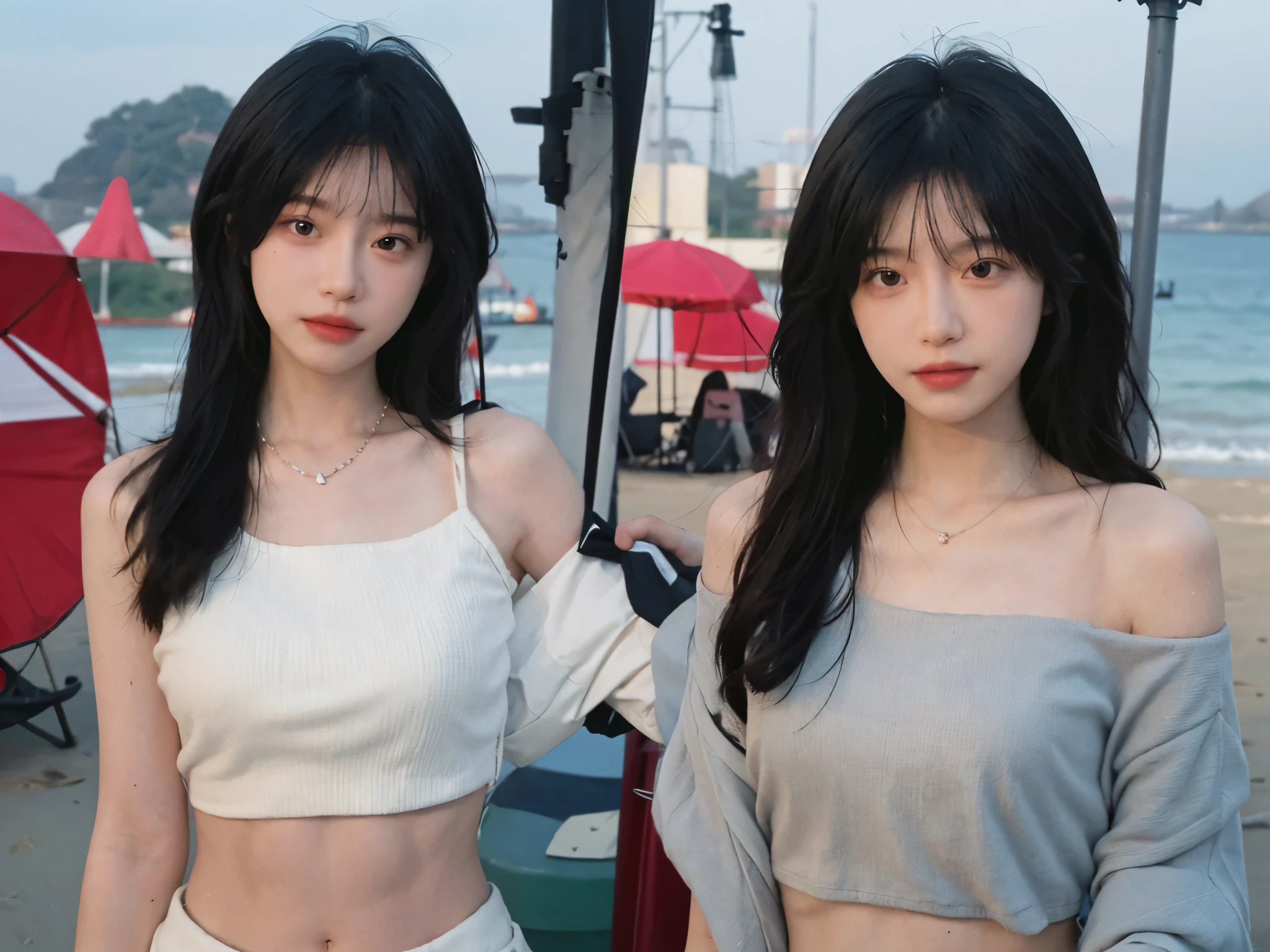 Best quality,Ultra-high resolution,(lifelike:1.4),Cute hairpin,1girll,Long curly hair,jk,Blush,Slim beauty:1.4,Visible abdominal muscles,on the beach,Ultra-fine face,Exquisite eyes,Double eyelids,necklace