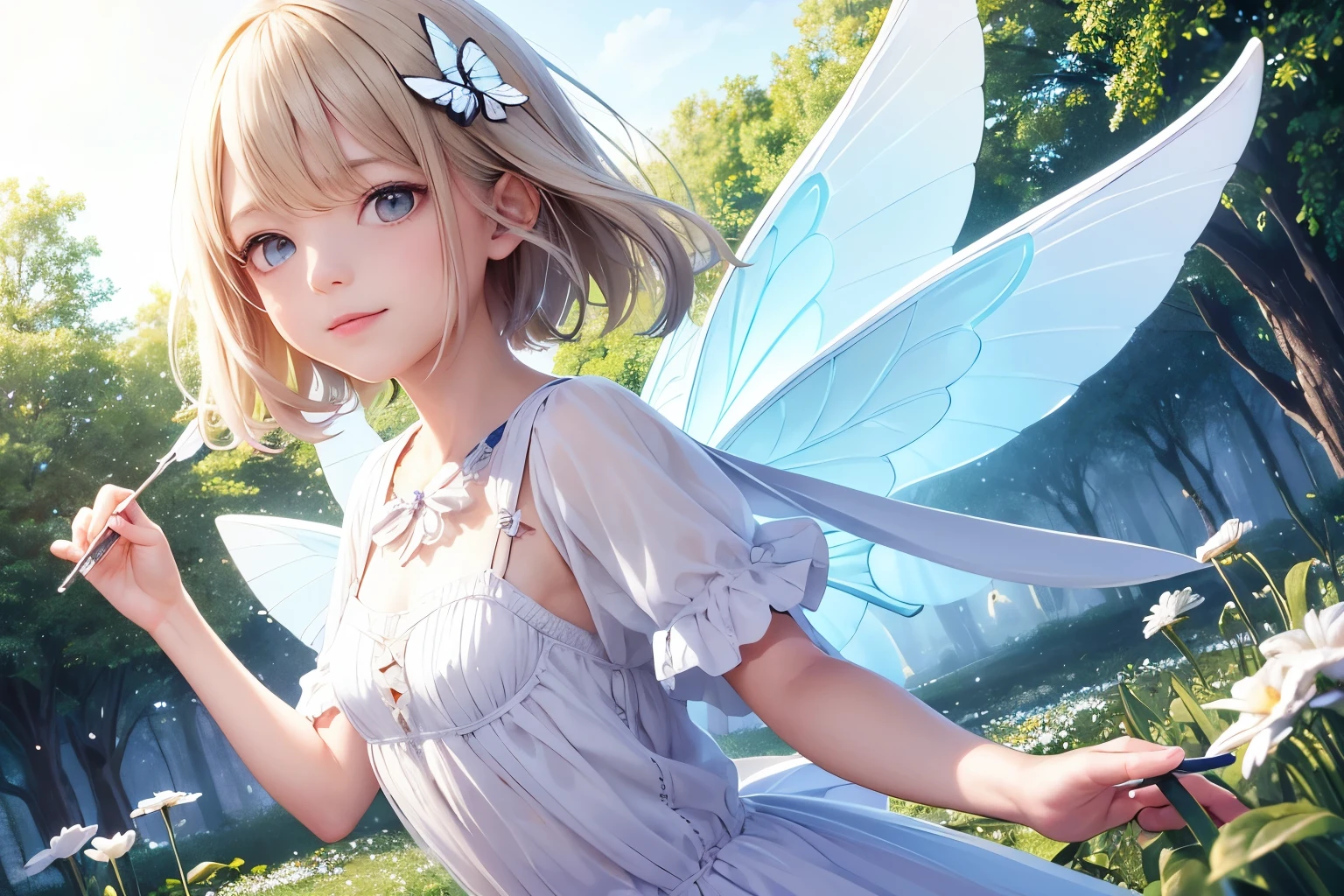 1Fairy,bouquet,hair ornaments,Fairyのwing,wing,wing根,大きなwing,Short sleeve,12歳のgirl,young,Transparency,happiness,smile,smile,Happy,White skin,Lip gloss,Realistic, 35mm, Intricate details, High resolution, Intricate details, Super detailed, Natural skin texture, Hyperrealism, sharp, girl1人, girl (Fairy:0.7) ,woman, Magical Land,pastel colour,Portraiture, look up,alone, Half Shot, White clothes,Detailed Background, ,Magical atmosphere, Hair blowing in the wind,Silky Hair,Cream colored hair,Shiny Hair,Light pink hair,Light-colored clothing with white trim, Magic Whirlwind, Sparkling,Shine,Light background,noon,sun,Pop Art, (Style - Swirl Magic:0.8), Suspended particles,Dancing Light,Thin eyebrows,Thin eyebrows,Wavy Hair,Shine瞳,butterfly々のwing,Childish,A gentle gaze,like,Gentle light,Blonde Hair,Short sleeve,Brown Hair,明るいgarden,heaven,wing,Fairy,Flower Field,garden,forest