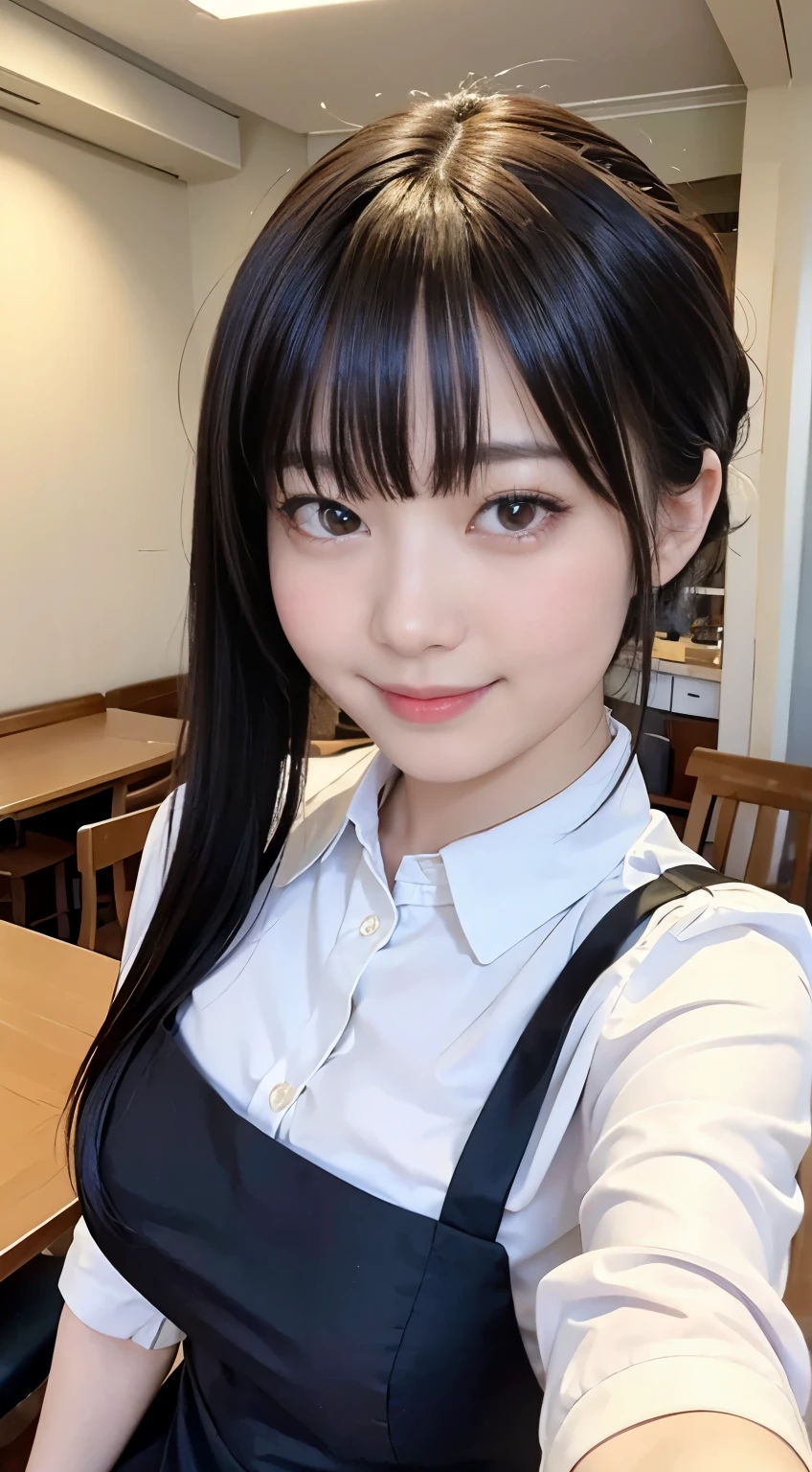 (highest quality,masterpiece:1.3,Ultra-high resolution,),(Very detailed,Caustics),(Realistic:1.4,RAW shooting,)Ultra-Realistic Capture,Very detailed,High resolution 16K human skin closeup。 Natural skin texture、,pores、、、、It must be detailed enough to be easily identifiable。 Skin tone is even and healthy looking。 Use natural light and color,restaurant,Waitress Uniform,1 girl,Japanese,18-year-old,cute,Black-haired,ponytail,Big Breasts,smile,Turn your body forward,(Front view:1.1),Looking into the camera,Cowboy Shot,