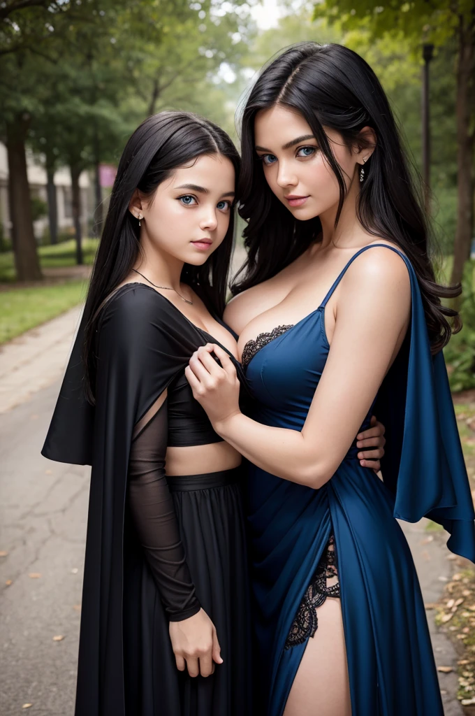 mother and daughter portrait break: mature, evil, middle-age, long black hair and blue eyes, detailed face, beautiful face,cleavage, curvys, tall, chubby, dress with cape, desing with christian cross,break: daughter, girl, teenager(1.3),s old, teenager girl, very small breats, slim, big butt, black hair,blue eyes, detailed face, angelical face,cleavage, very small breasts, dress with cape, desing with christian cross, soft lesbian