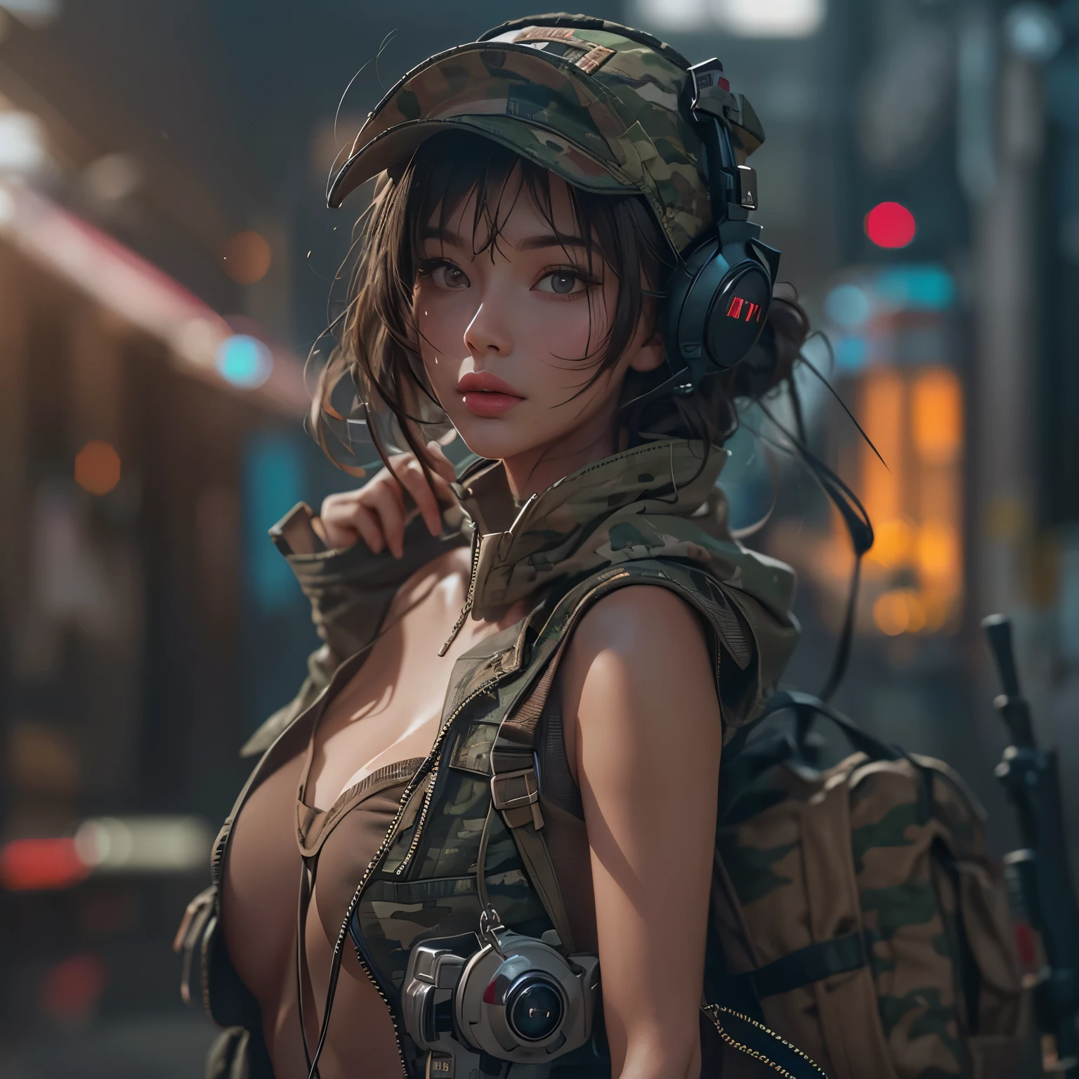 Full body portrait、A beautiful woman in a tight combat uniform、Detailed face and eyes、Beautifully detailed lips、Long eyelashes、A relaxed expression、Bodysuit-like combat clothing、camouflage:1.5、Very detailed、(highest quality、4k、8k、High resolution、masterpiece:1.2)、Super detailed、(Real、Photorealistic、Photorealistic:1.37)、HDR、UHD、Studio Lighting、Ultra-fine painting、Sharp Focus、Physically Based Rendering、Very detailedな描写、professional、Bright colors、Bokeh、Concept Art、cyber punk、Neon Light、Dynamic pose、Dramatic lighting