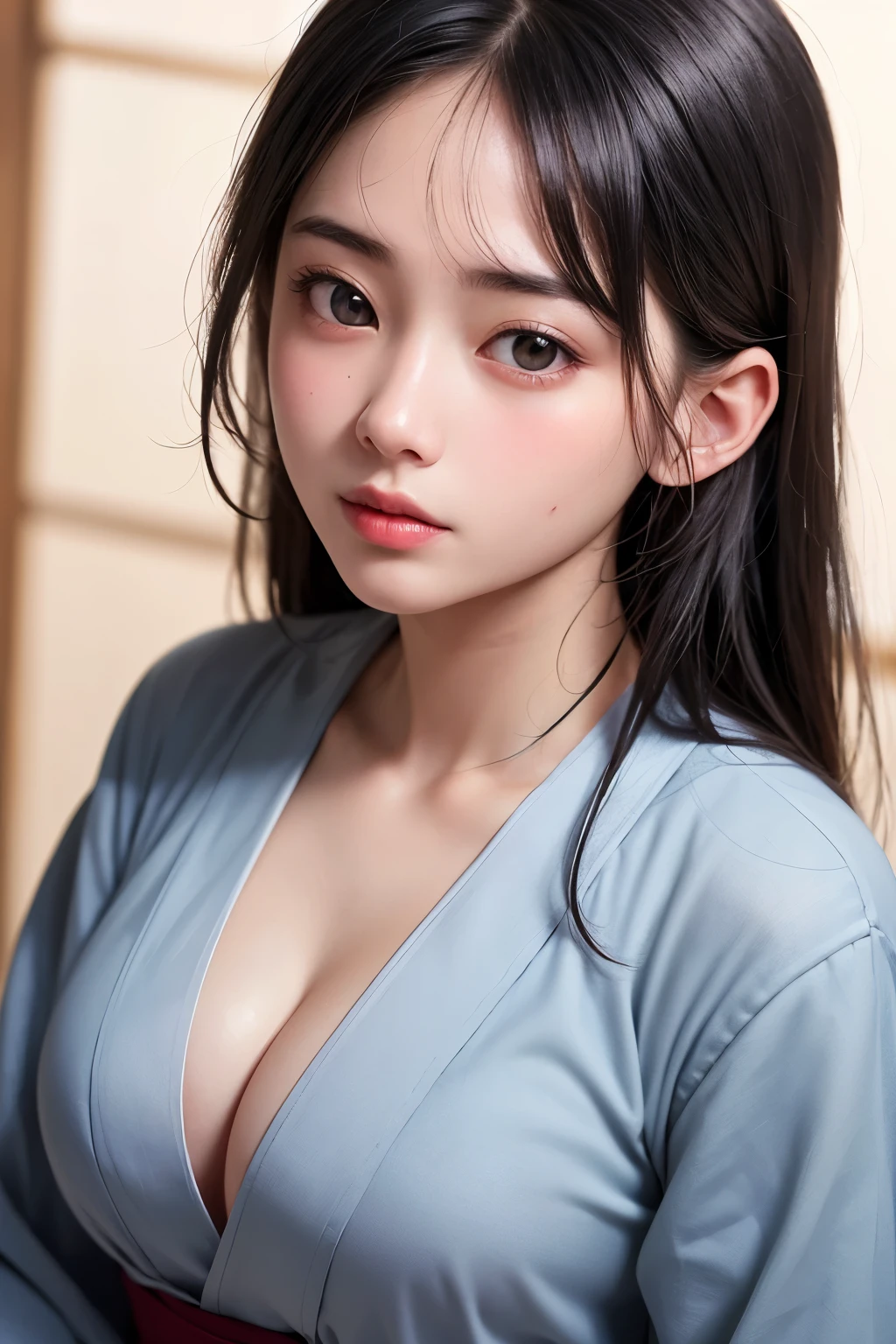 (1 nogizaka girl,raw photo,photo realistic:1.5),(best quality, high quality,HDR, highest quality,ultra high resolution,high resolution,high res,ultra high difinition,huge file size,8K,2K wallpaper,8K wallpaper,high quality texture,amazing,an extremely delicate:1.4),one girl, Japanese famous idol,beautiful face,small face,absurd,ridiculous,incredibly ridiculous,blurry background,(cleavage,no makeup:1.2),medium skin,beautiful skin,detailed skin,six heads tall,black hair,silky hair,(Japanese eyes:1.3),detailed eyes,black eyes,Japanese idol eyes,triangle eyes,Japanese nose,5-fingers,(Light Particles, Lens Flare, Luminous Particles: 0.7),looking at viewer,bright lighting,professional lighting,girl