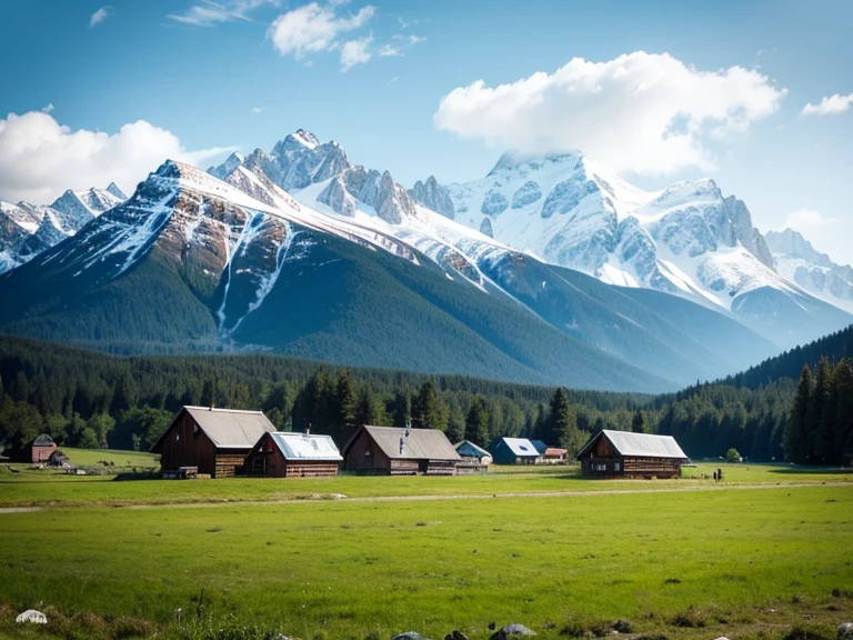 Tiny quaint Eastern European style village. in a green field, with Alaskan pine trees, and snowy mountains in the background. Old world feel.