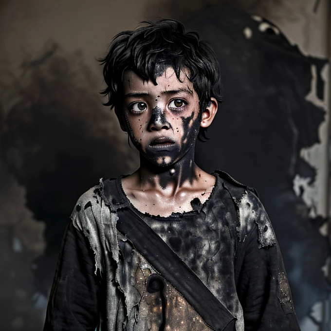 A boy covered in soot and wearing tattered, burnt clothes after being caught in an explosion