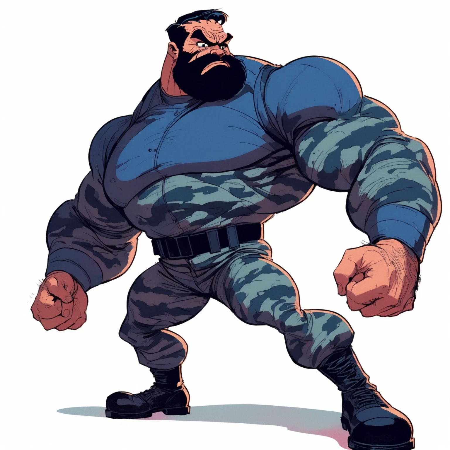 rotoscope, animated, VHS, glitch, distorted, nostalgia, 90's retro vibes, analog tape, vcr aesthetics, tv, television, hand drawn, (full roygbiv color) ink charcoal expressive illustration, no light source, darkness, light mask uv rays across face, minimal, futility, precise, Bluto (popeye the sailor villain Bluto, bearded), 1960's animated hand drawn cartoon rotoscope, wearing Tight Combat Suit, Tight urban camo navy Combat Suit, too tight, chonky, obese, hefty, heavy weight, hyper maximal, strange, hyperrealistic, rotoscope expressive ink bold line hand drawn, extremely intensely chonky, spilling over in all directions, hefty, rotund, obese, large, absurd, with rich color grading, cel shading, warm and unified colors, in a cinematic style, 
