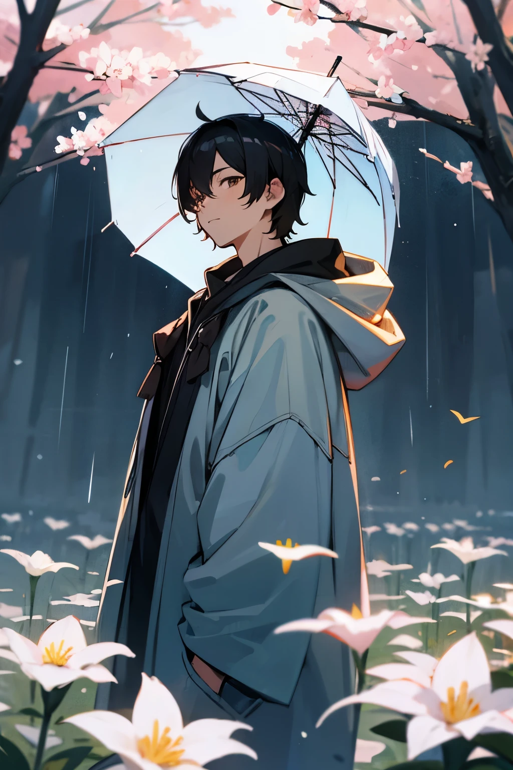Anime-style illustrations、Short black hair、Brown eyes、Handsome Men、hoodie、spring、rainy season、Chill out、