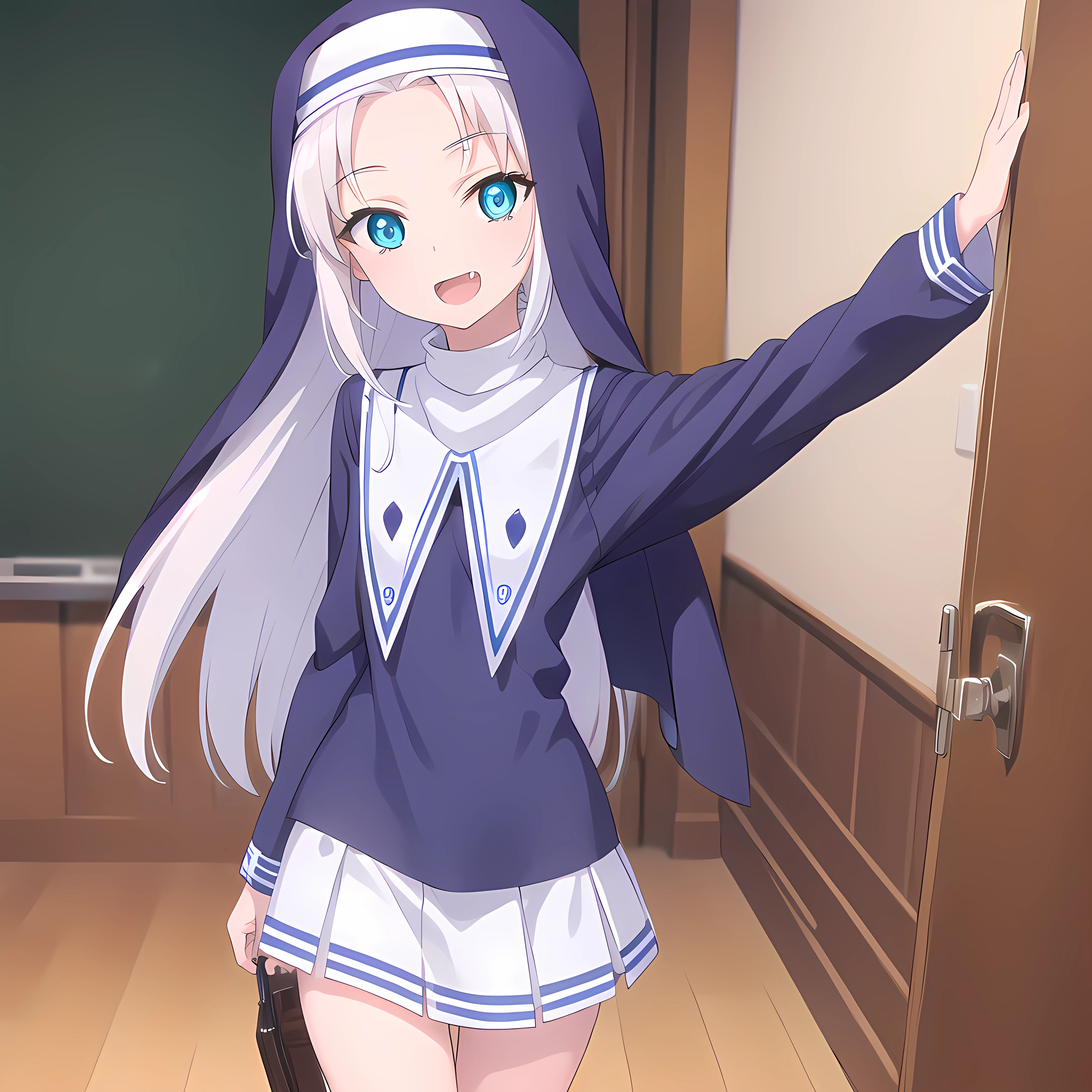 mariatakayama, maria takayama, long hair, blue eyes, fang, aqua eyes, smile, open mouth, seventeen years old
BREAK jewelry, heart, necklace, nun, habit, white short skirt
BREAK indoors, classroom,
BREAK looking at viewer, (cowboy shot:1.5),
BREAK (masterpiece:1.2), best quality, high resolution, unity 8k wallpaper, (illustration:0.8), (beautiful detailed eyes:1.6), extremely detailed face, perfect lighting, extremely detailed CG, (perfect hands, perfect anatomy),