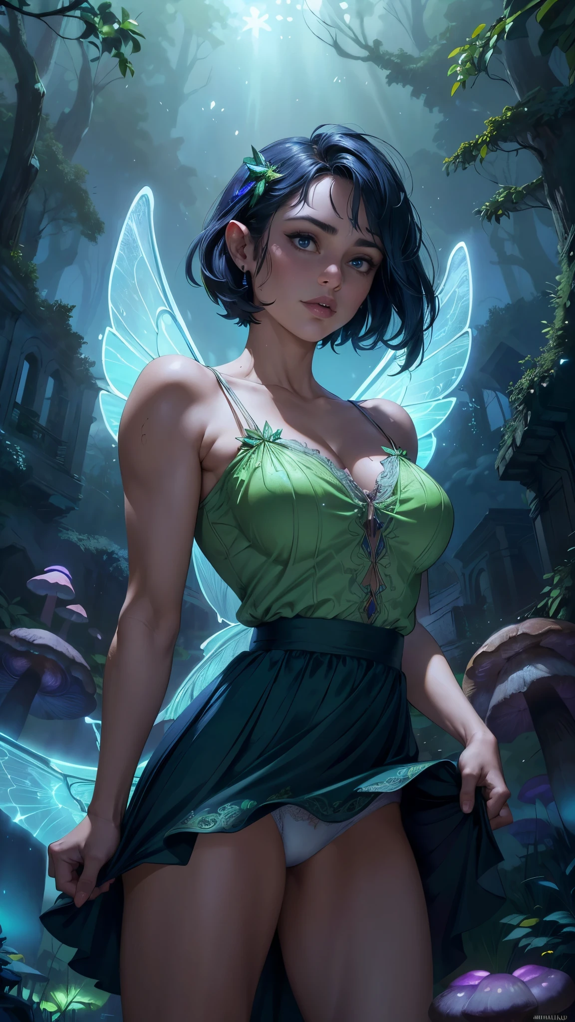 (La mejor calidad,A high resolution,Ultra - detallado,actual),tinkerbell vestido corto de hojas verdes, top corto, cabello corto, ,(Fondo de ruinas de mazmorra en ruinas bosque tenebroso :1.4 ), More detailed 8K.motor irreal:1.4,UHD,La mejor calidad:1.4, fotorrealista:1.4, textura de la piel:1.4, obra maestra:1.8,obra-prima, mejor calidad,objeto Objeto], (detailed face features:1.3),(Las proporciones correctas),(Ojos hermosos azules),  (dynamic cowboy pose), (perfect anatomy :1.4), (tinkerbell Disney :1.4), (tinkerbell Disney  V2.1), (It has big firefly wings :1.4), (vestido corto hecho de hojas silvestres tinkerbell:1.4), (face detailed:1.4), (neon giant mushrooms background blue y violent :1.4),( cinematic lighting:1.4), (skirt lifted by itself: 1.1), (skirt lift: 1.3), (showing white panties: 1.3)
