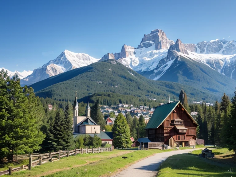 Tiny quaint Eastern European style village, with a prominent Orthodox Church in the middle. in a green field, with Alaskan pine trees, and snowy mountains in the background. Old world feel.