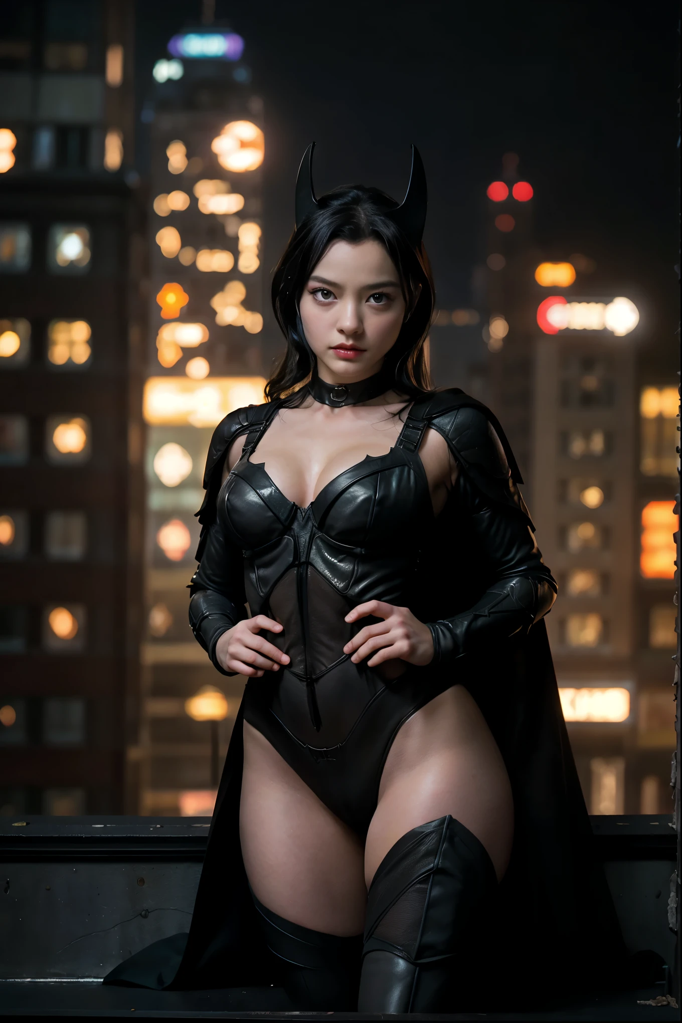 ((masterpiece, highest quality, High resolution, Realistic, to be born, 8k wallpaper)), (Huge and stunning goddess shot, Very hot and sexy,(( Ready Pose)),A menacing posture and a sharp gaze,Amazing beauty, Perfect balance, Beautiful body, Slim body beauty: 1.4), 夜の街のスカイラインを見下ろす屋上に立つBatman, Gotham city background, nighttime in Gotham city, Gotham city, 映画Batmanから, Gotham city double exposure, Gotham city style, Batmanのフィルムスチル, metropolis filmic Gotham city, サイバーパンクBatman, Batman映画の静止画, Batman映画ではスチルシネマティック, Gotham setting, Batman, Gotham,