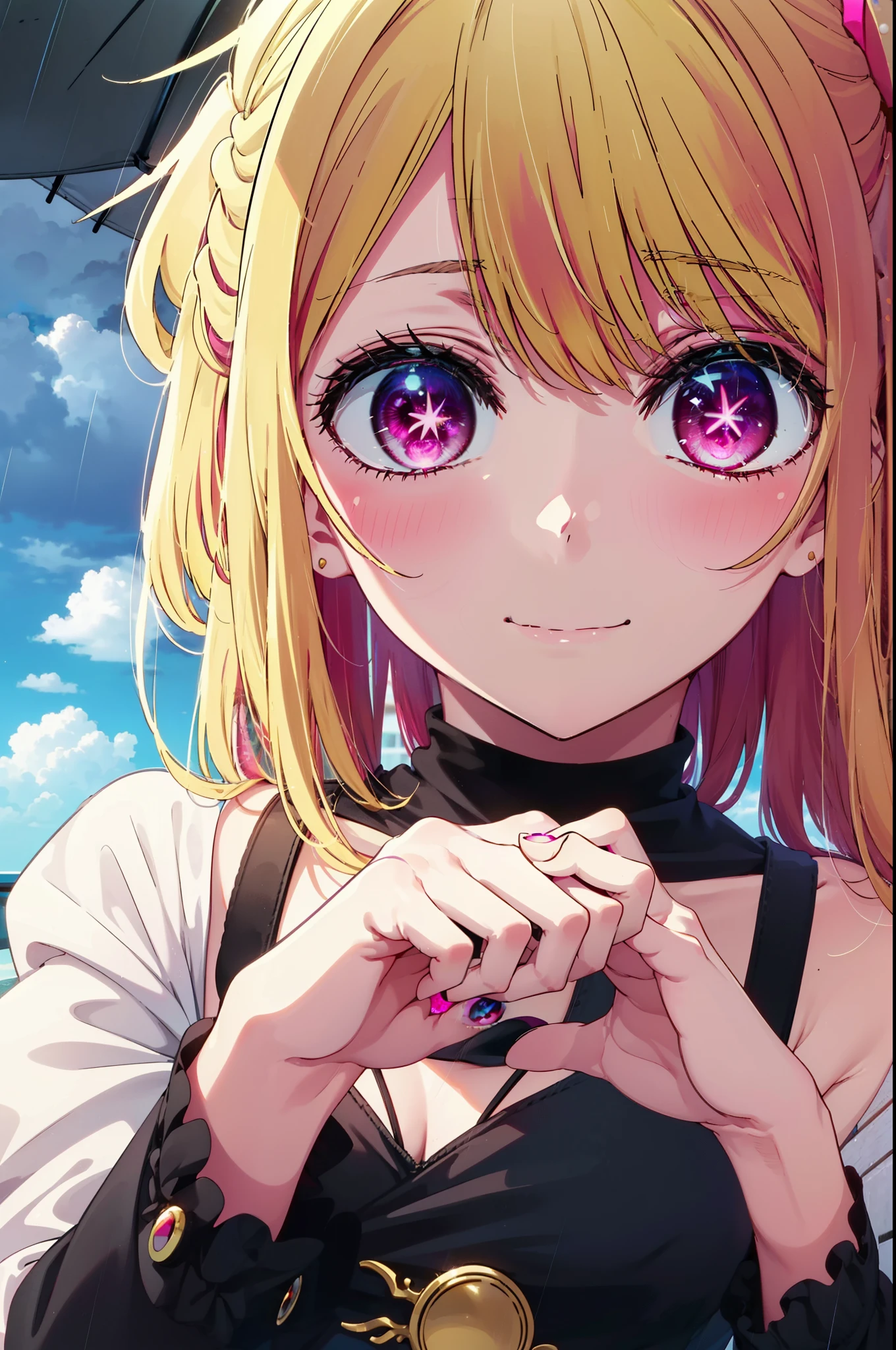 rubyhoshino, Hoshino Ruby, Long Hair, bangs, Blonde Hair, (Pink Eyes:1.3), Side Lock, (Symbol-shaped pupil:1.5), Multicolored Hair, Two-tone hair, smile,Cordo shoulder top,Skinny jeans,Stiletto heels,rain,umbrella,Cloudy,whole bodyがイラストに入るように,Walking,
break outdoors, ビル街
break looking at viewer, whole body,
break (masterpiece:1.2), highest quality, High resolution, unity 8k wallpaper, (figure:0.8), (Beautiful fine details:1.6), Highly detailed face, Perfect lighting, Highly detailed CG, (Perfect hands, Perfect ???????),