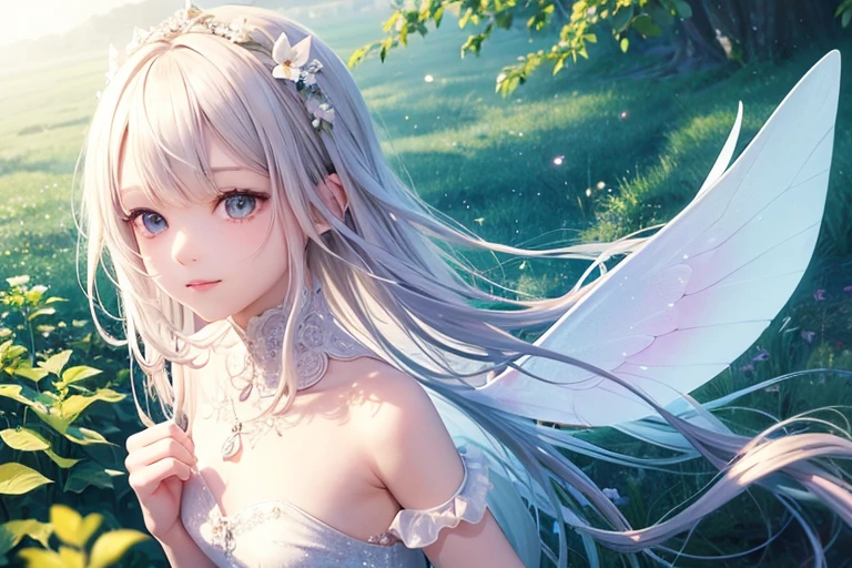1 Fairy,bouquet,hair ornaments,妖精のwing,wing,wing根,大きなwing,Lolitar,12歳のGirl,Young,Transparency,happiness,Smile,smile,happy,White skin,Lip gloss,Realistic, 35mm, Intricate details, High resolution, Intricate details, Ultra-detailed, Natural skin texture, Hyperrealism, sharp, 1 girl, Girl (Elf:0.7) ,woman, Magical Land,pastel colour,Portraiture, look up,alone, Half Shot, White clothing,Detailed Background, ,Magical atmosphere, Hair blowing in the wind,Silky Hair,Cream colored hair,Shiny Hair,Light pink hair,Light-colored clothing with white trim, Magic Whirlwind, Sparkling,shine,Light background,noon,sun,Pop Art, (Style - Swirl Magic:0.8), Suspended particles,Light Dances,Thin eyebrows,Thin eyebrows,Wavy Hair,Wavy,Braid,瞳のshine,butterfly々のwing,Childish,A gentle gaze,love,Gentle light,Blonde Hair,Short sleeve,Brown Hair,Bright flower garden,heaven,wing,Fairy,Looking up