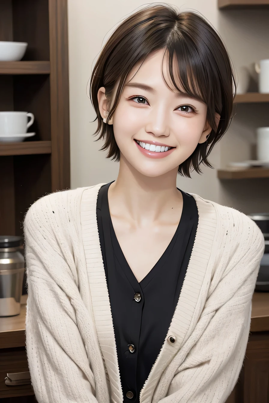 205 ((short hair)), 17old woman, cardigan、shirt、Shoulder Fashion、smile、Beautiful teeth alignment、Black Hair、ear piercing、Looking into the camera, The background is the town