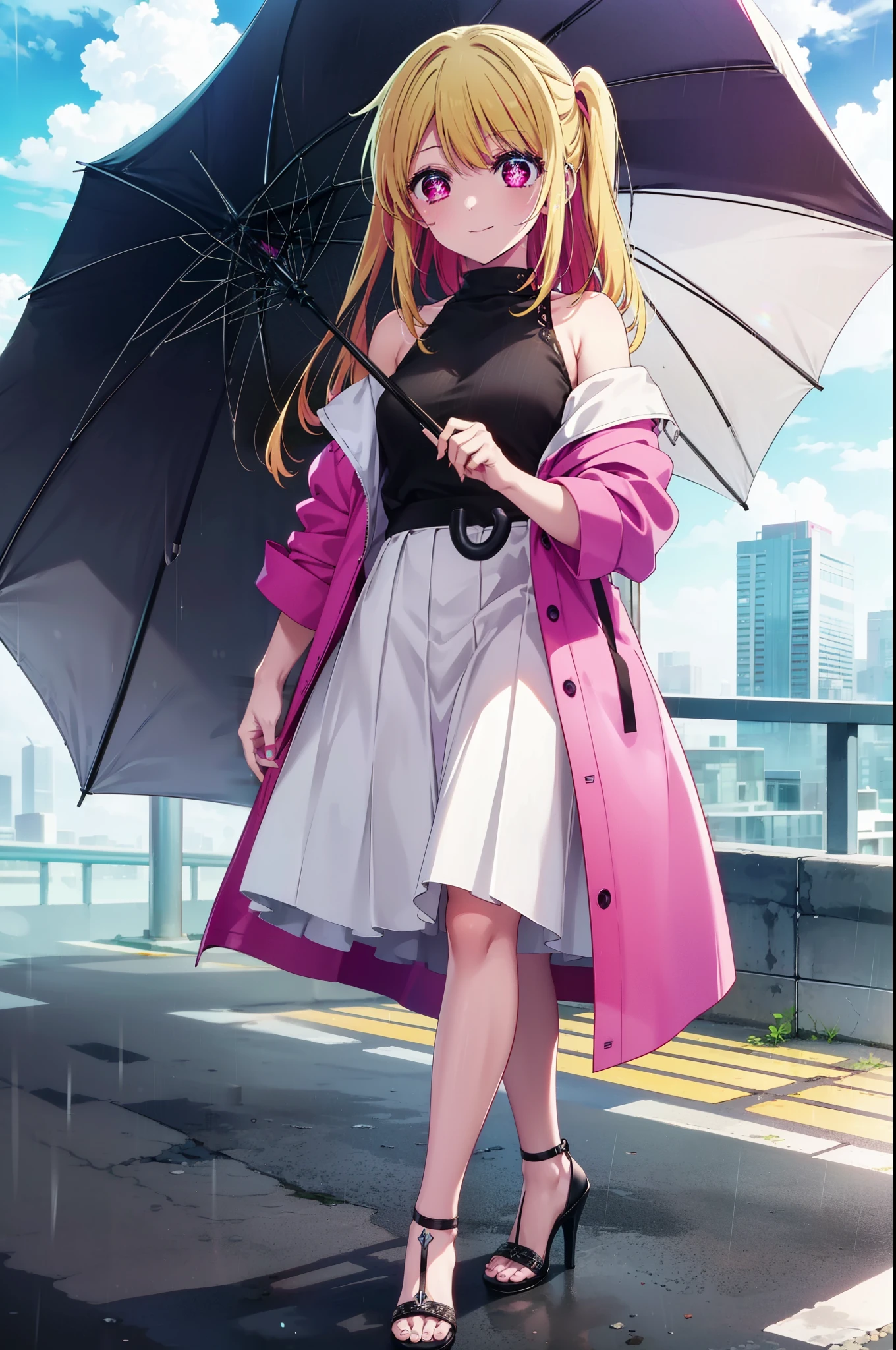 rubyhoshino, Hoshino Ruby, Long Hair, bangs, Blonde Hair, (Pink Eyes:1.3), Side Lock, (Symbol-shaped pupil:1.5), Multicolored Hair, Two-tone hair, smile,Cordo shoulder top,Skinny jeans,Stiletto heels,rain,umbrella,Cloudy,whole bodyがイラストに入るように,Walking,
break outdoors, ビル街
break looking at viewer, whole body,
break (masterpiece:1.2), highest quality, High resolution, unity 8k wallpaper, (figure:0.8), (Beautiful fine details:1.6), Highly detailed face, Perfect lighting, Highly detailed CG, (Perfect hands, Perfect Anatomy),