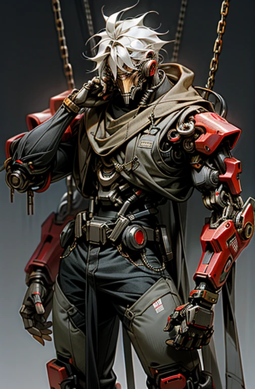 Dark_Fantasy,Cyberpunk,(chain saw,chain saw man,Red:1.1),1man,Mechanical marvel,Robotic presence,Cybernetic guardian,