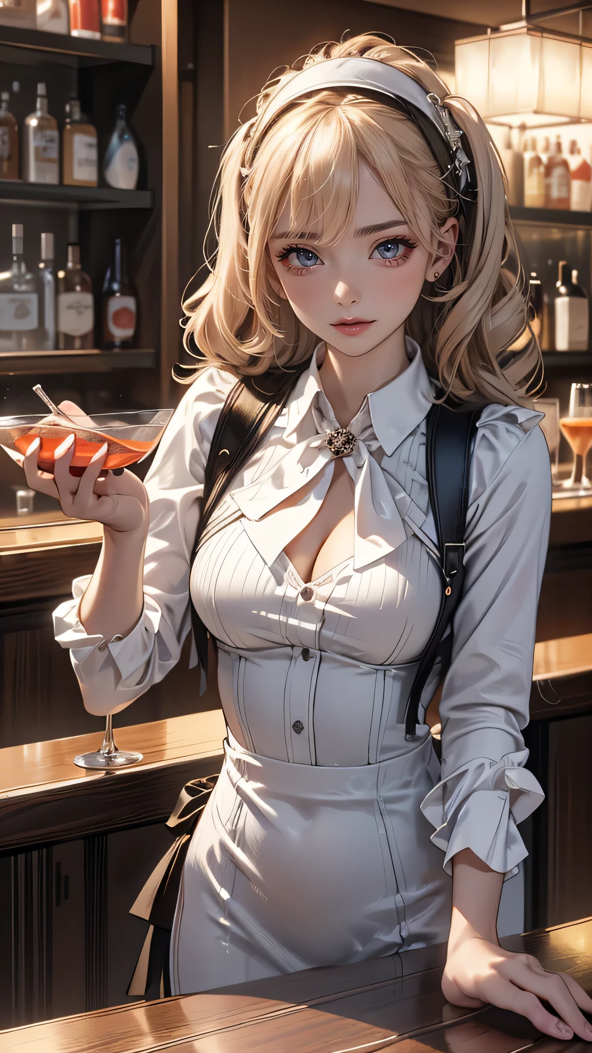 (hotel bar counter,female bartender,(Shake a cocktail using a shaker)),white blouse,(ebony skin:1.2),(Thin type:1.8),(big breasts),(random hairstyle),(Highest image quality,(8k),ultra-realistic,best quality, high quality, high definition, high quality texture,high detail,beautiful detailed,fine detailed,extremely detailed cg,detailed texture,a realistic representation of the face,masterpiece,Sense of presence)